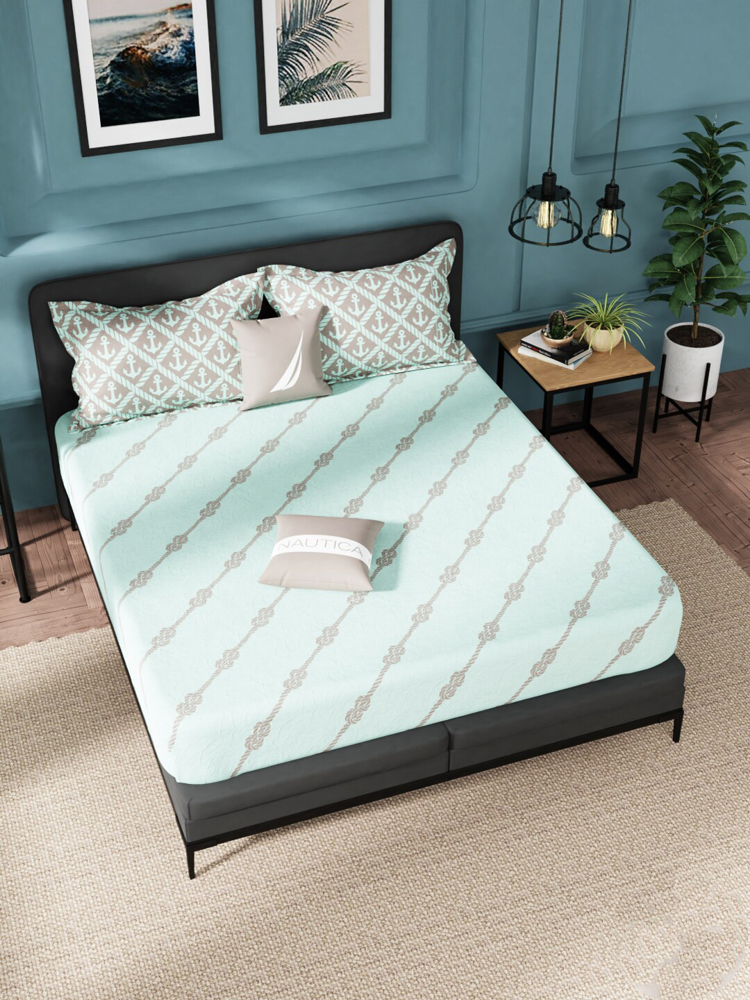 

Nautica Green Ethnic Motifs Cotton 160 TC Fitted King Bedsheet with 2 Pillow Covers
