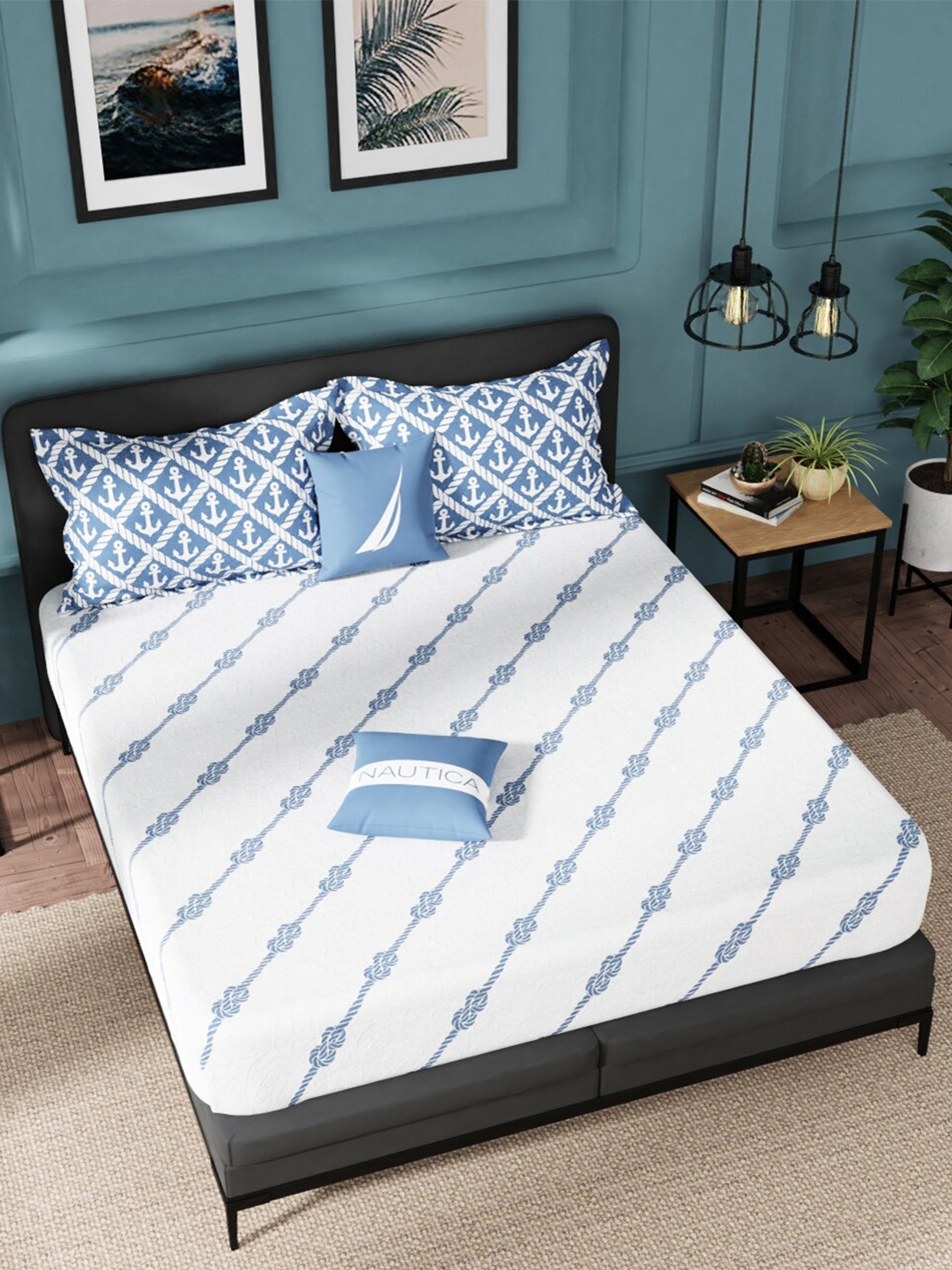 

Nautica White & Blue 160 TC Cotton King Bedsheet with 2 Pillow Covers