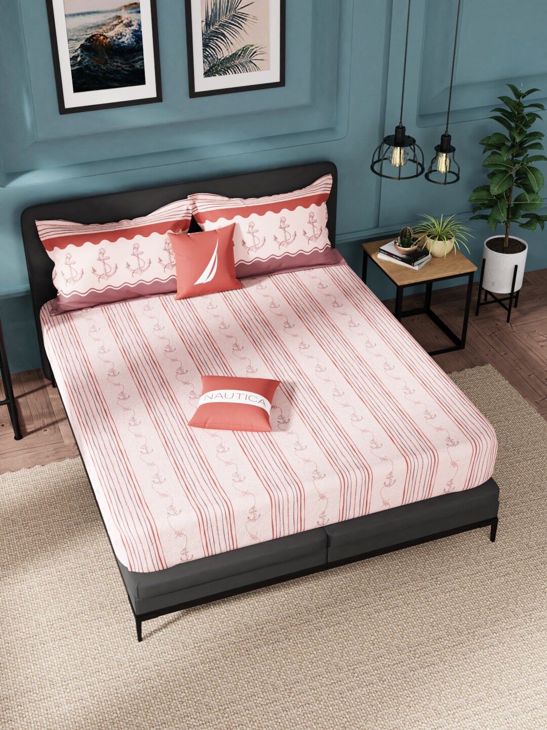 

Nautica Peach-Coloured & Red Striped 160 TC Cotton King Bedsheet with 2 Pillow Covers