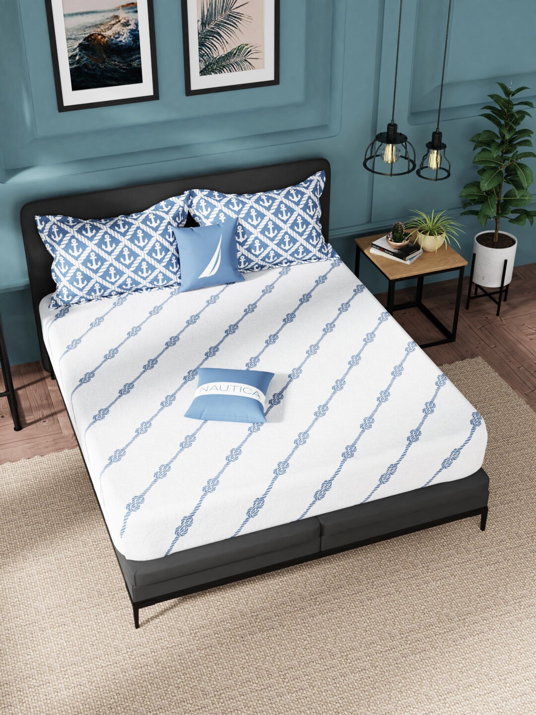 

Nautica White & Blue Striped 160 TC Cotton King Bedsheet with 2 Pillow Covers