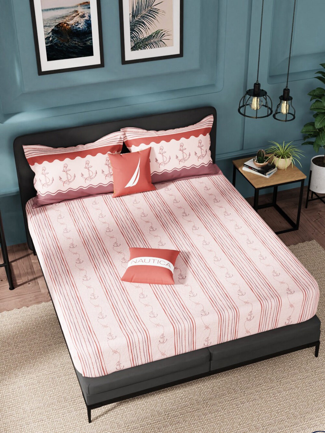 

Nautica Peach-Coloured Striped 160 TC Cotton King Bedsheet with 2 Pillow Covers