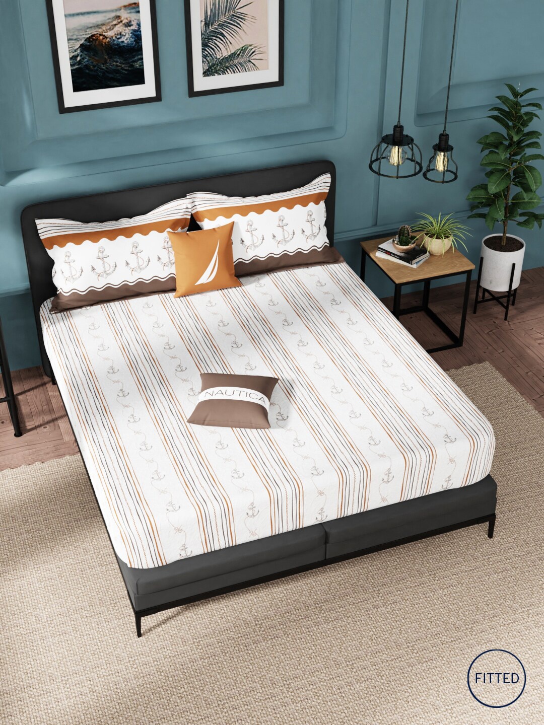 

Nautica White & Brown Striped 160 TC Cotton King Bedsheet with 2 Pillow Covers