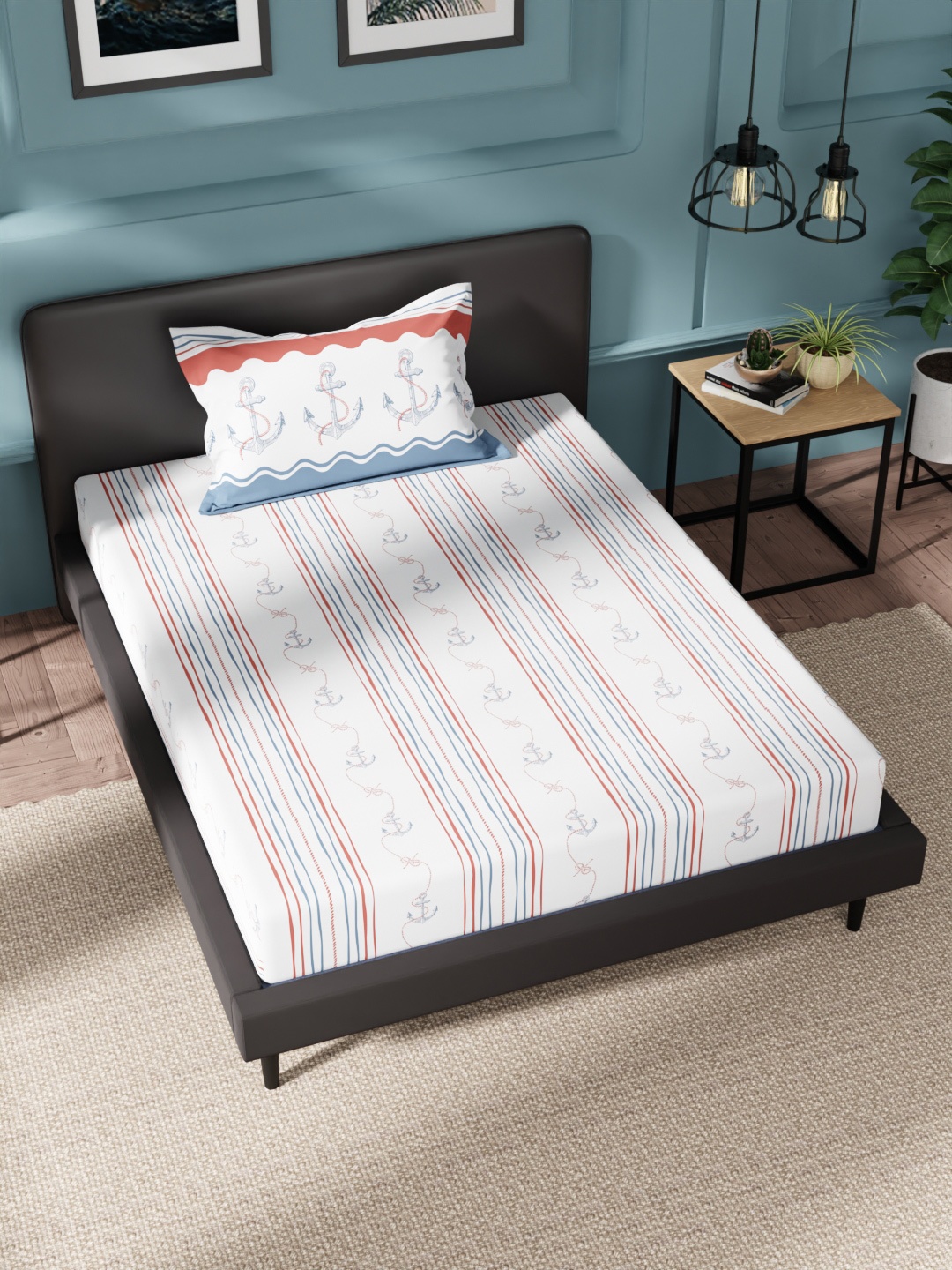 

Nautica White & Red Striped Cotton 160 TC Single Bedsheet with 1 Pillow Cover