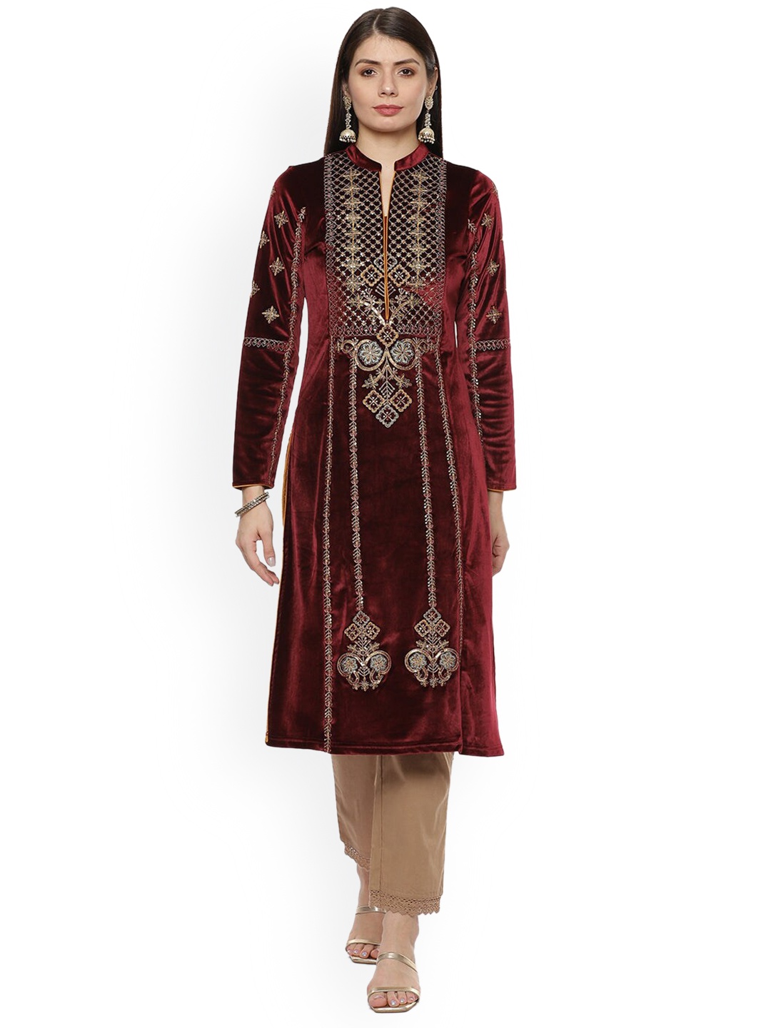 

Lakshita Mandarin Collar Ethnic Motifs Embroidered Velvet Kurta, Maroon