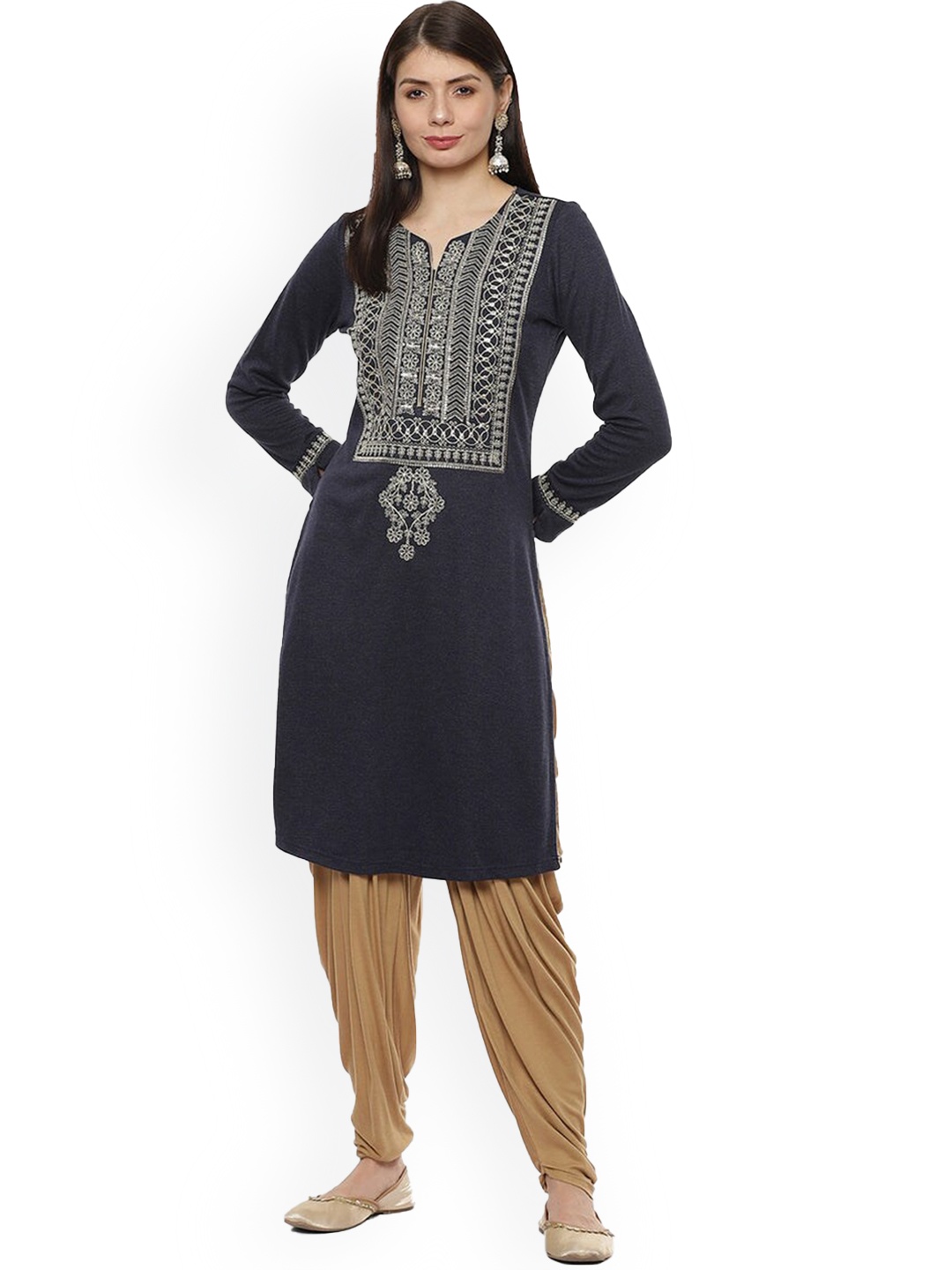 

Lakshita Notched Neck Ethnic Motifs Yoke Design Pure Velvet Kurta, Charcoal