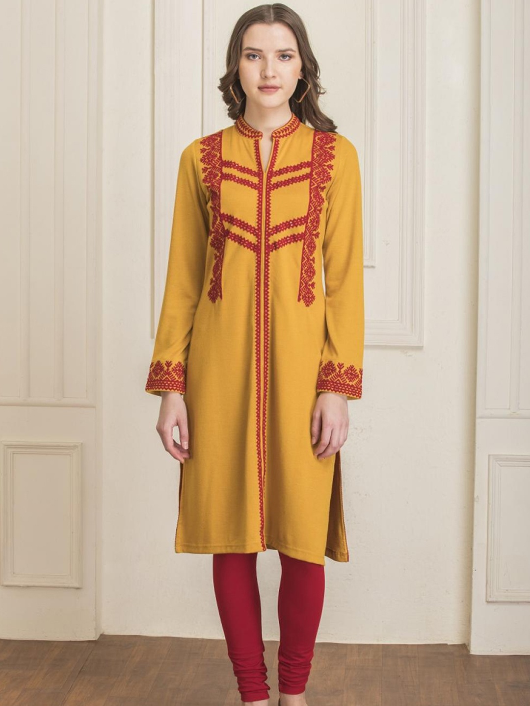 

Lakshita Women Mustard Yellow & Red Ethnic Motifs Thread Work Kurta