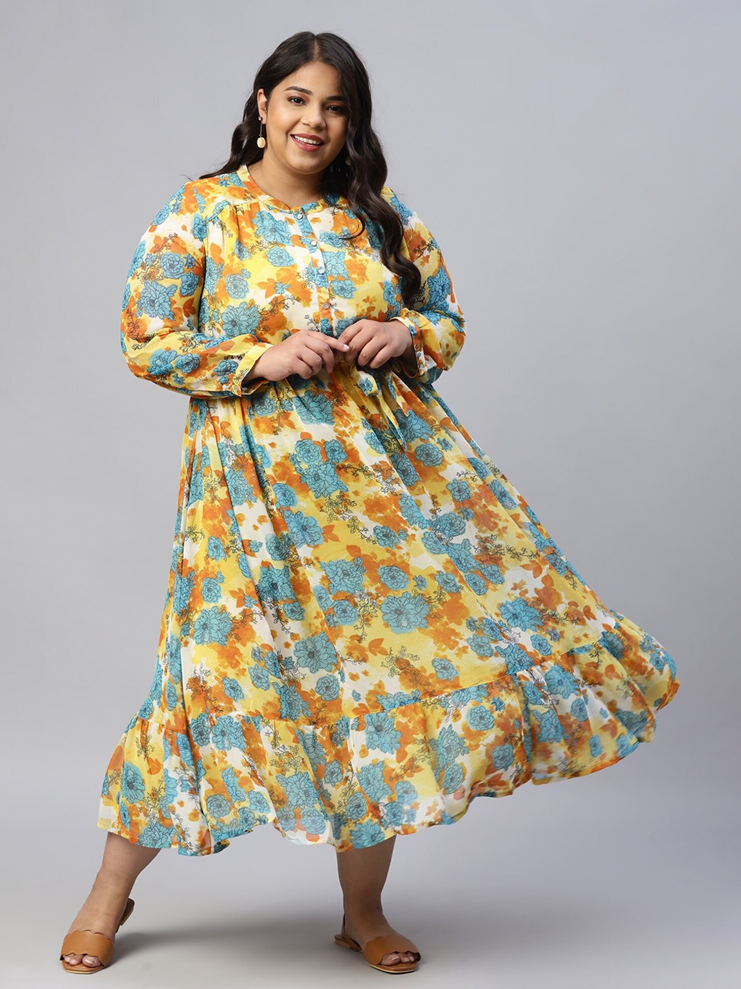 

AURELIA Yellow Floral Printed A-Line Midi Dress