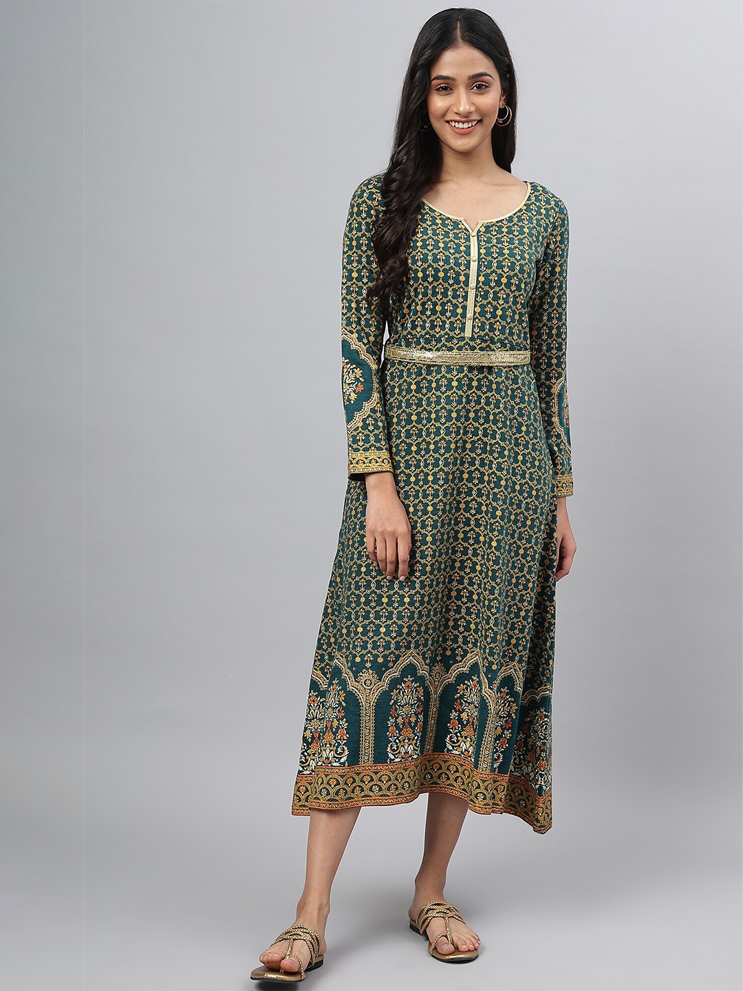 

AURELIA Green Ethnic Motifs Ethnic A-Line Midi Dress