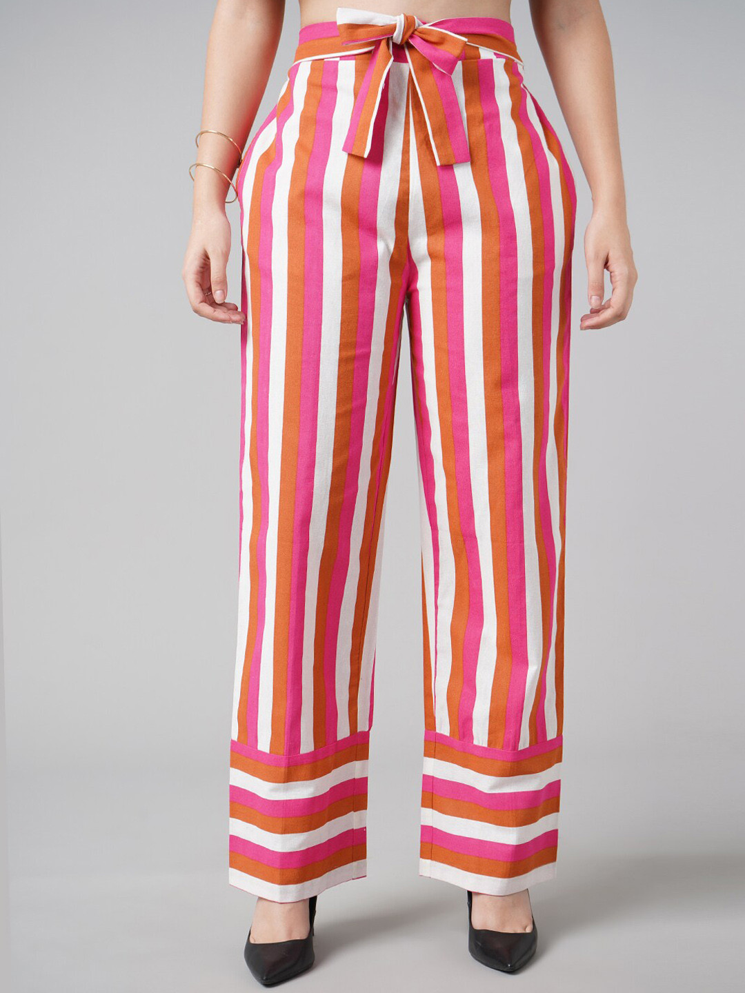 

DIVA WALK EXCLUSIVE Women Pink & White Striped Cotton Parallel Trousers