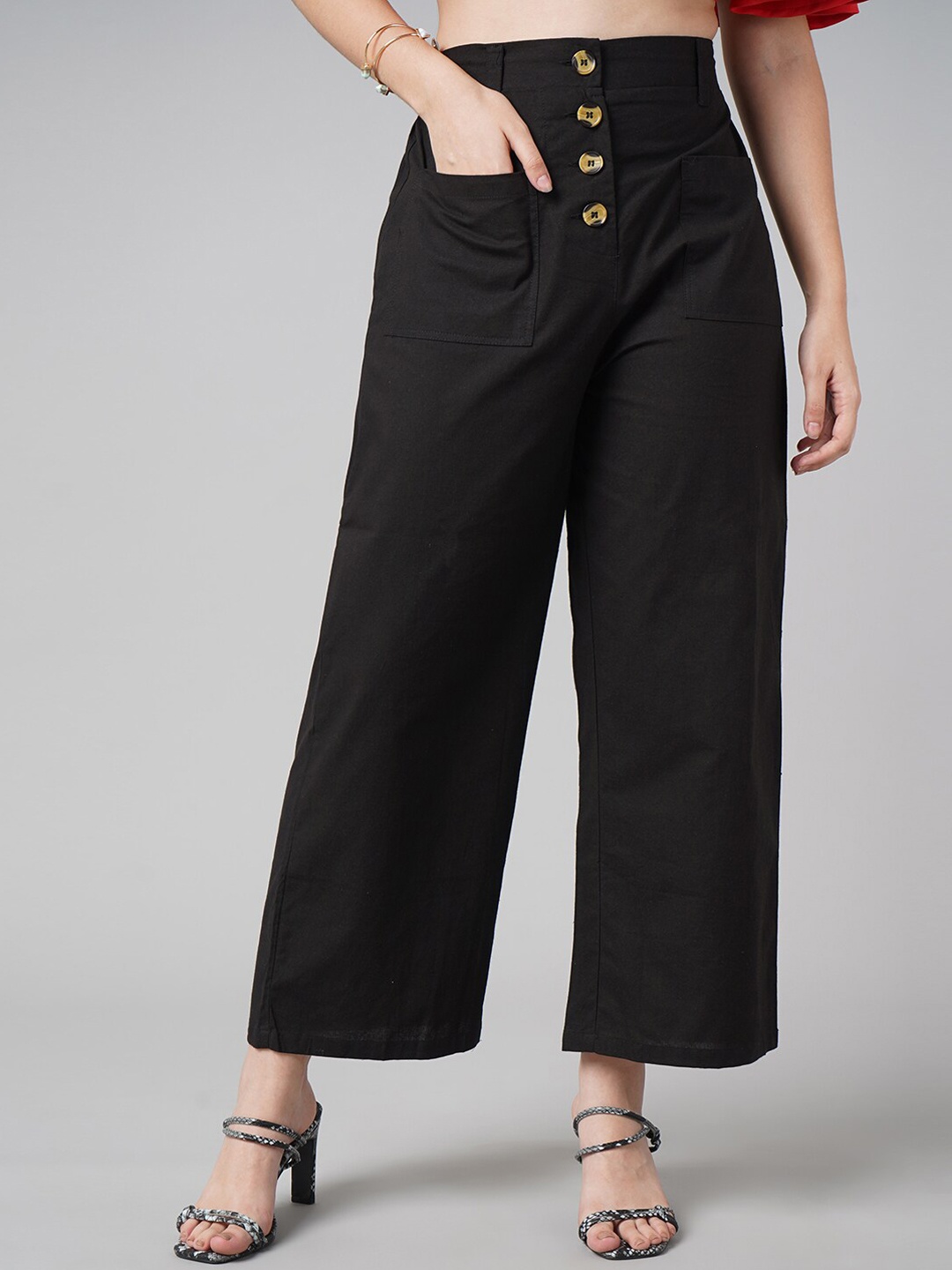 

DIVA WALK EXCLUSIVE Women Black High-Rise Cotton Trouser