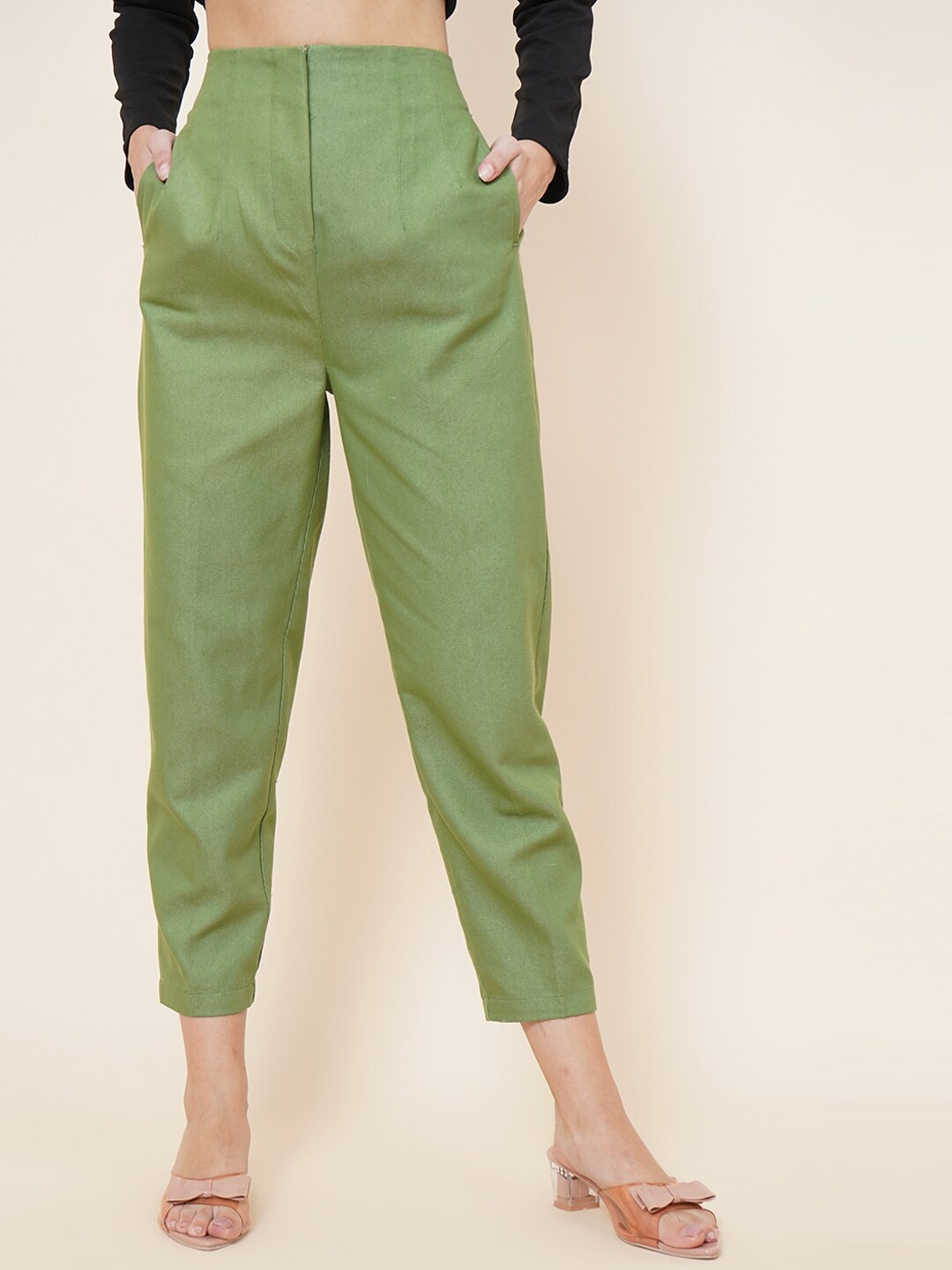 

DIVA WALK EXCLUSIVE Women Green Textured Original Tapered Fit High-Rise Cotton Trouser
