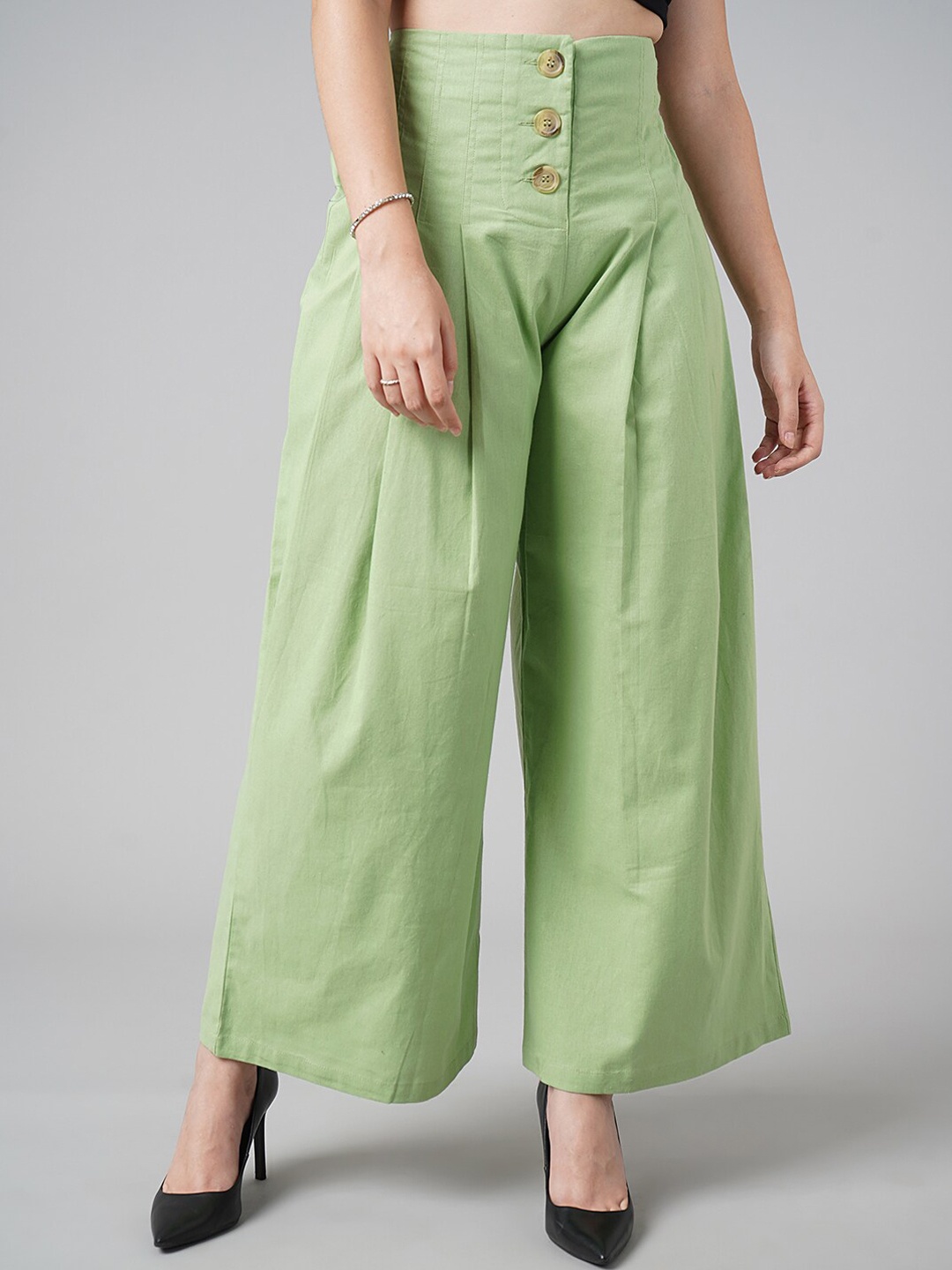 

DIVA WALK EXCLUSIVE Women Green High-Rise Pleated Cotton Trouser