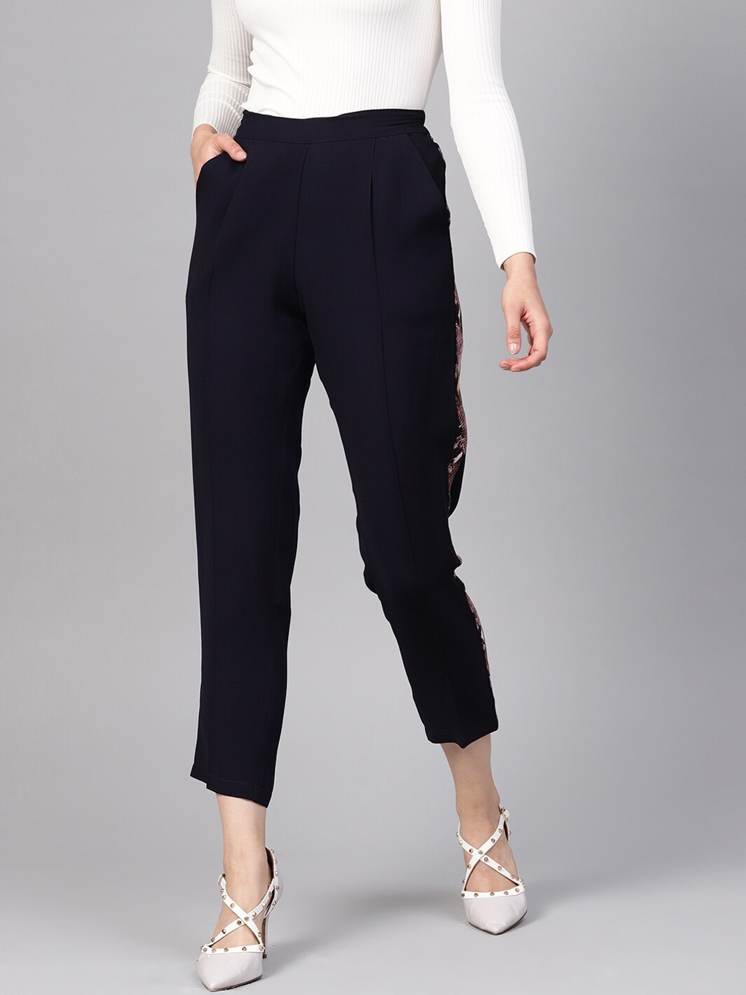 

DIVA WALK EXCLUSIVE Women Side Tape Casual Peg Trouser, Navy blue