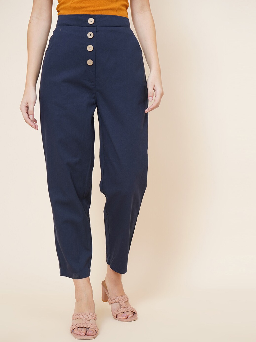 

DIVA WALK EXCLUSIVE Women Navy Blue High-Rise Cotton Trouser