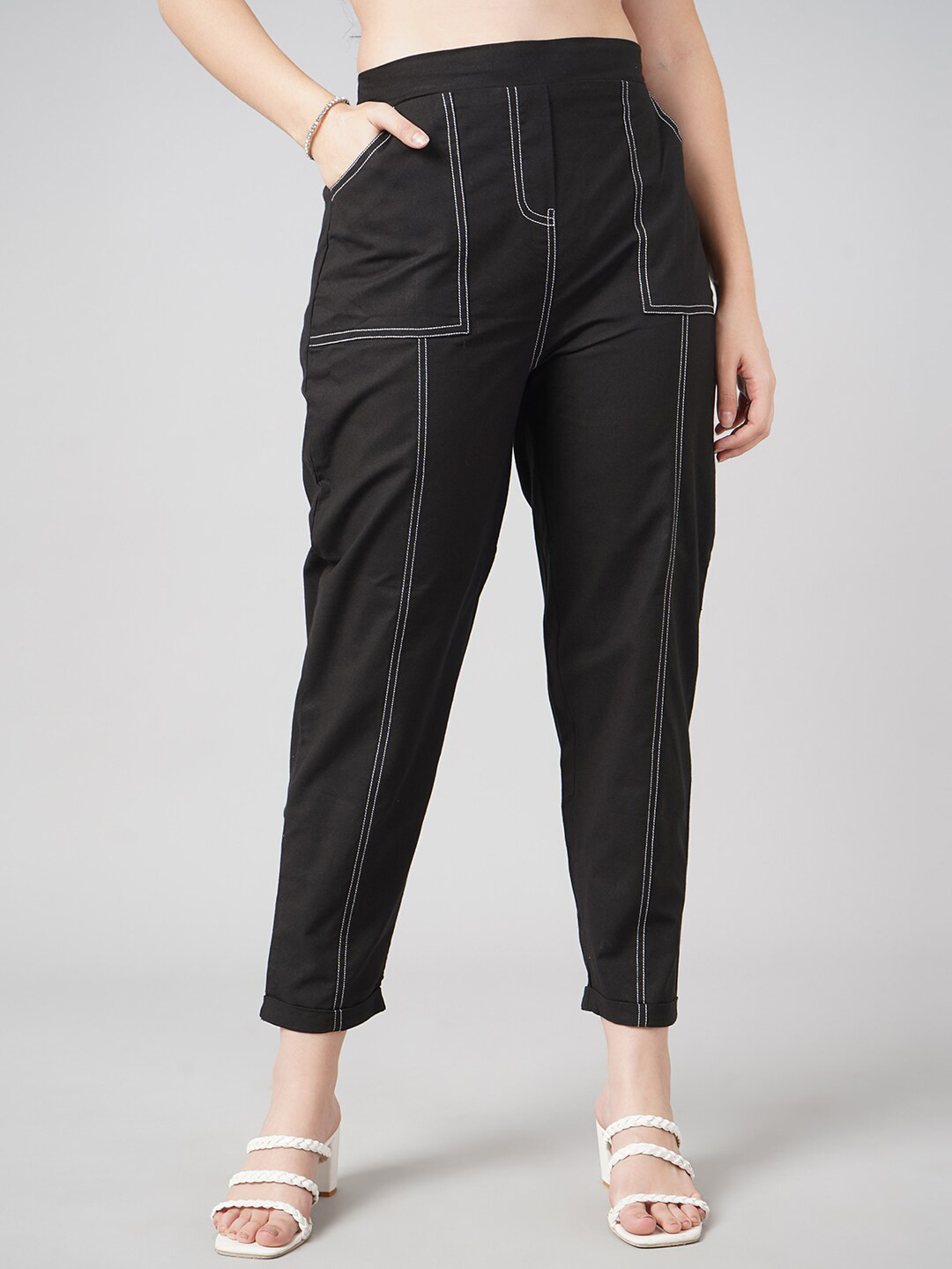 

DIVA WALK EXCLUSIVE Women Black Contrast Stitch High-Rise Cotton Trouser