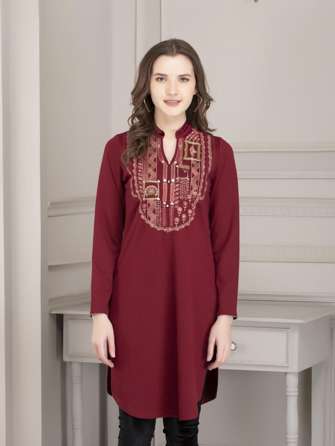 

Lakshita Women Maroon Ethnic Motifs Yoke Design Kurta