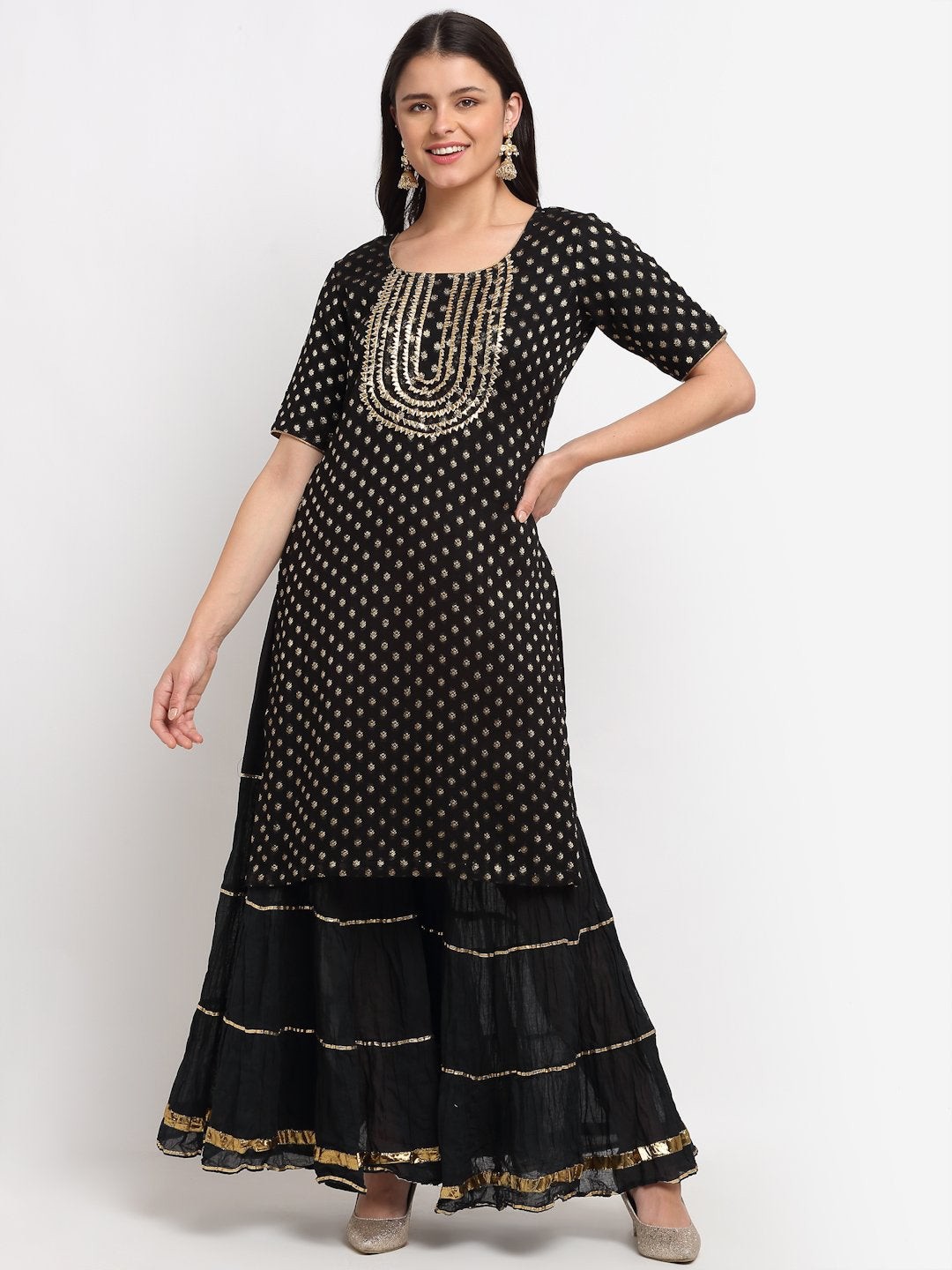 

anokherang Geometric Straight Regular Fit Cotton Kurta, Black