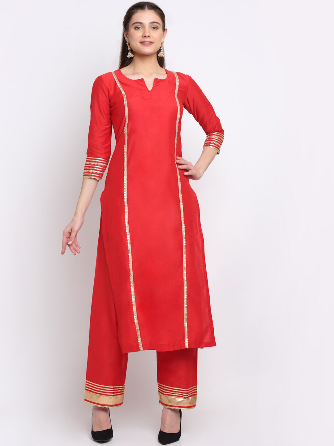 

anokherang Women Red & Gold-Toned Cotton Embellished Kurta