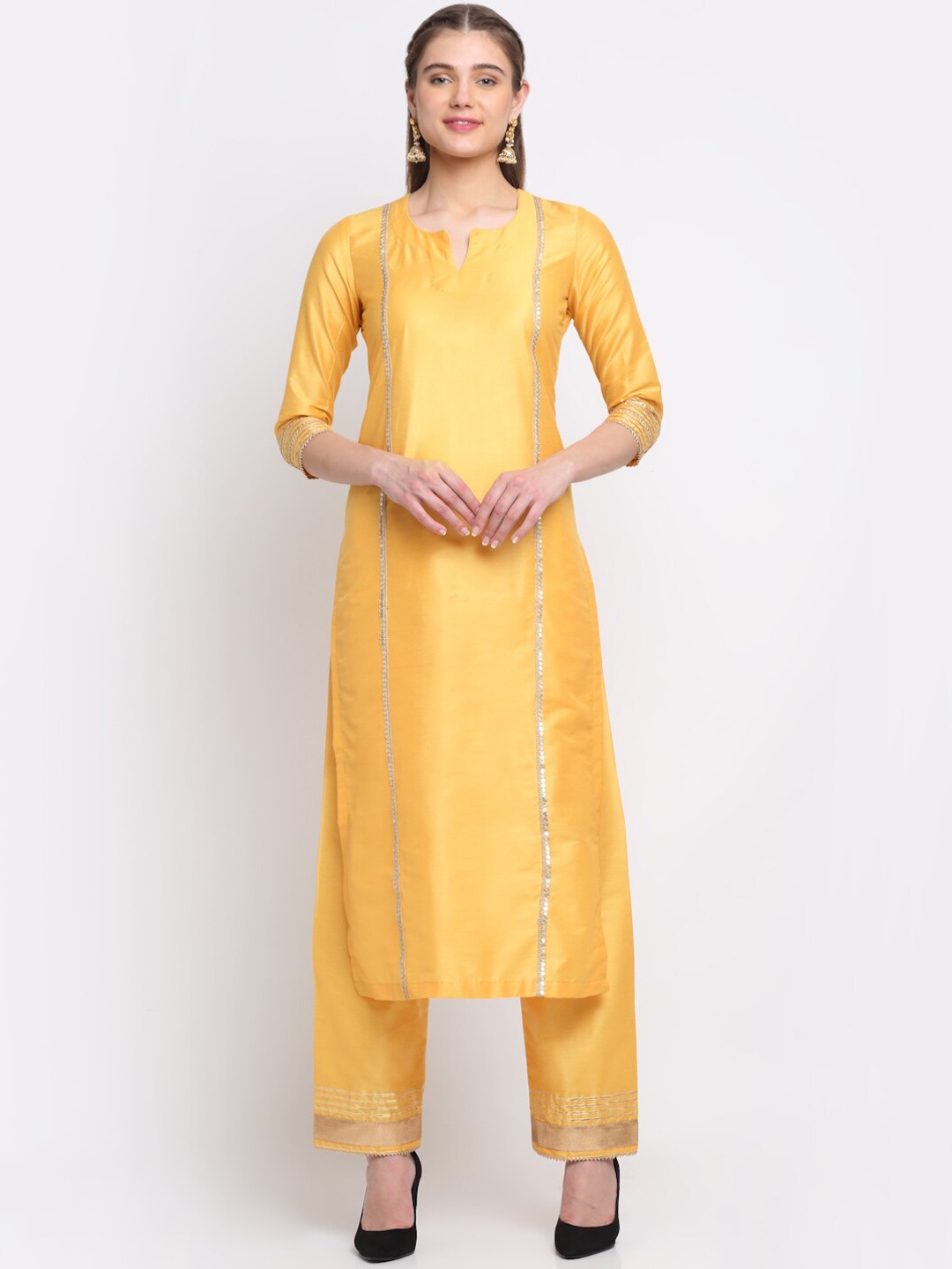 

anokherang Women Yellow & Gold-Toned Cotton Embellished Kurta