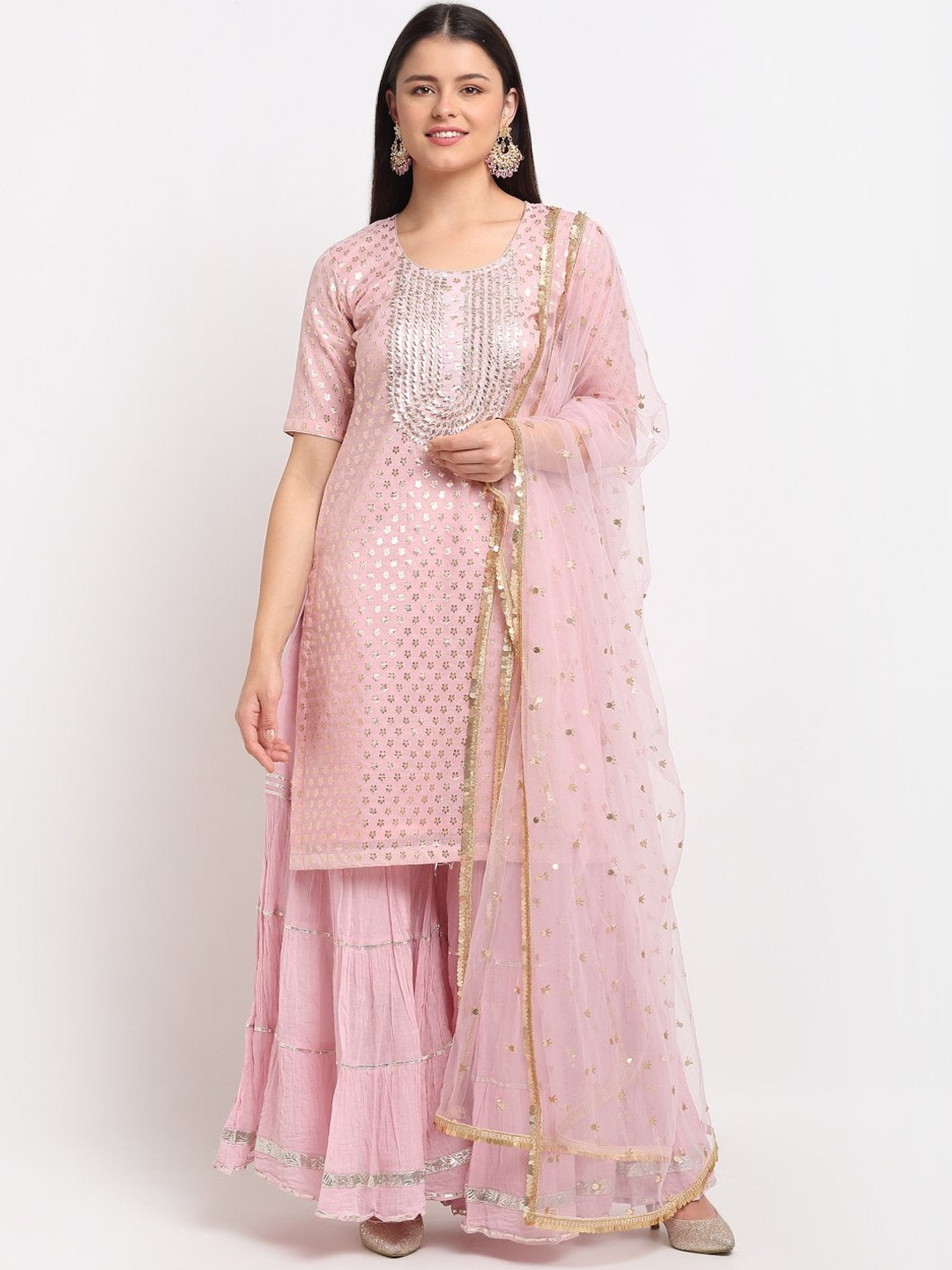 

anokherang Round Neck Woven Design Cotton Kurta, Pink