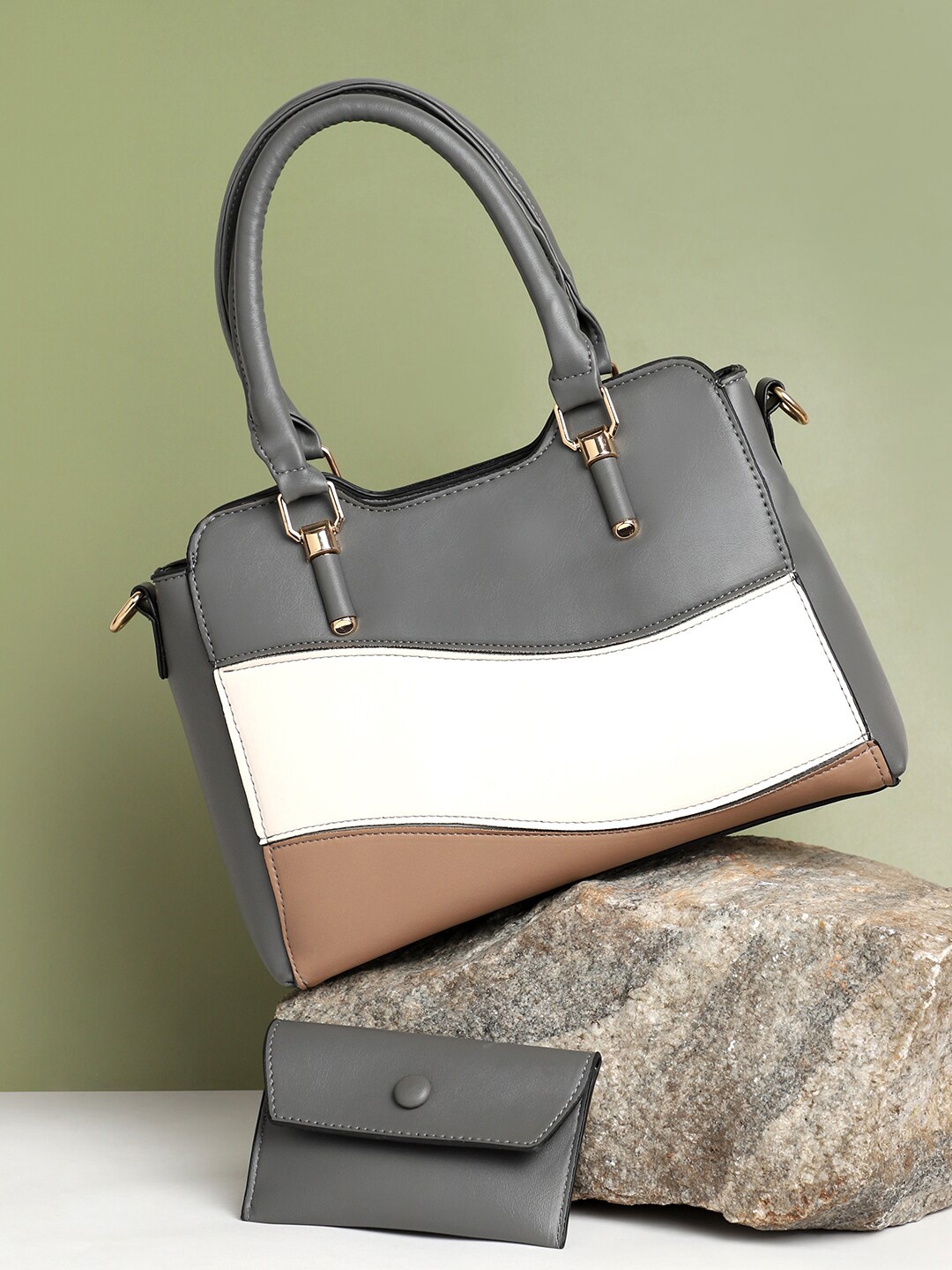 

HAUTE SAUCE by Campus Sutra Grey Colourblocked Structured Handheld Bag