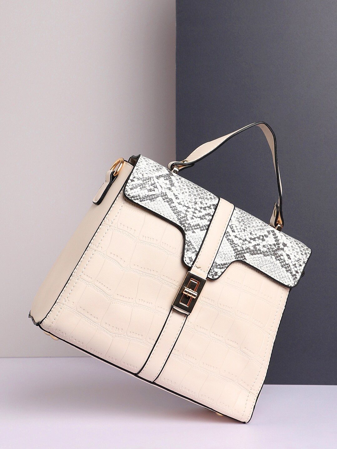 

HAUTE SAUCE by Campus Sutra Cream-Coloured Animal Textured Structured Handheld Bag