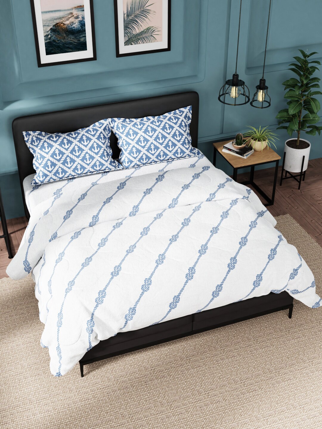 

Nautica White & Blue Printed Pure Cotton Double King Bedding Set