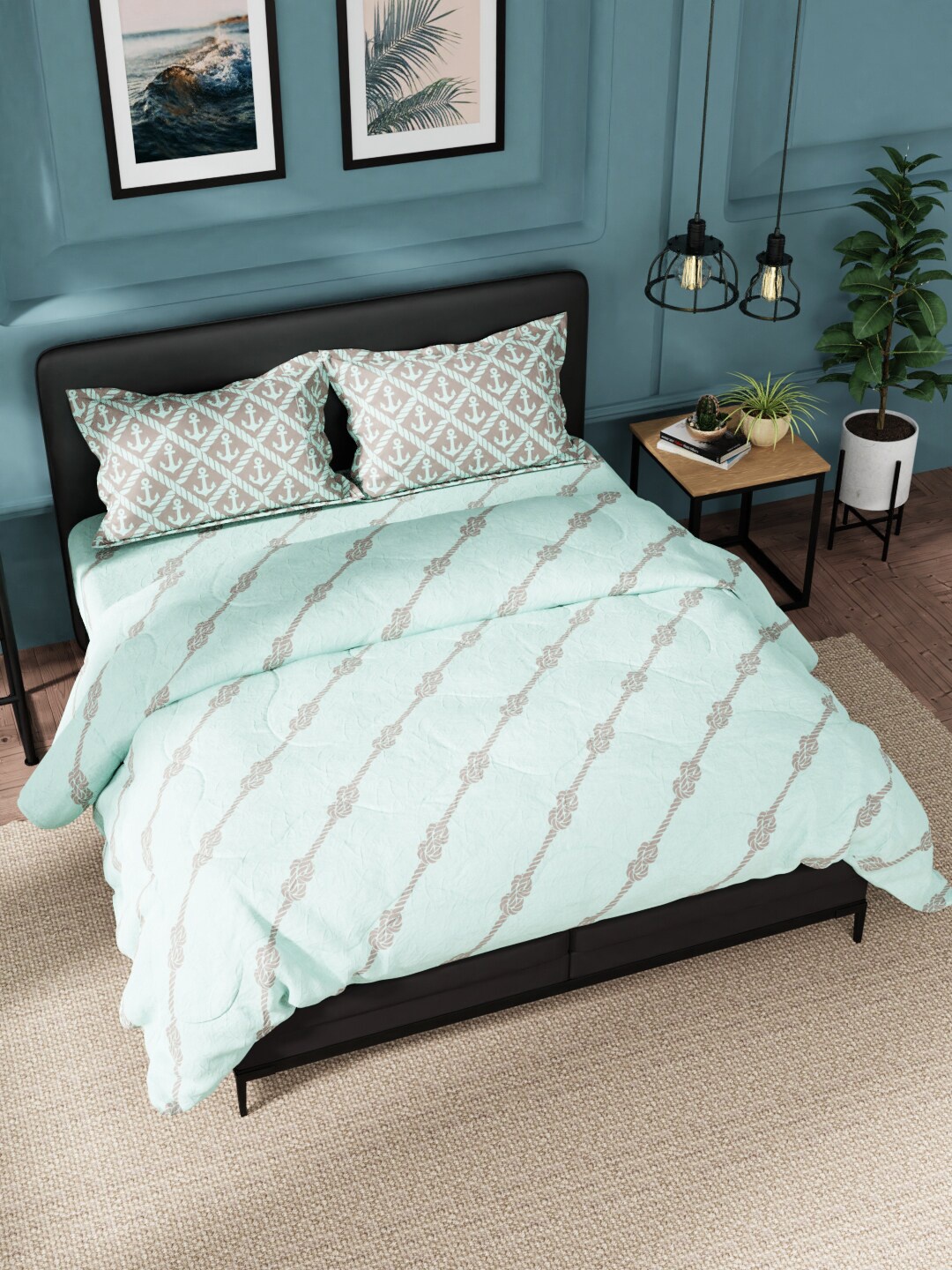 

Nautica Mint Green & Brown Printed Cotton Double King Bedding Set