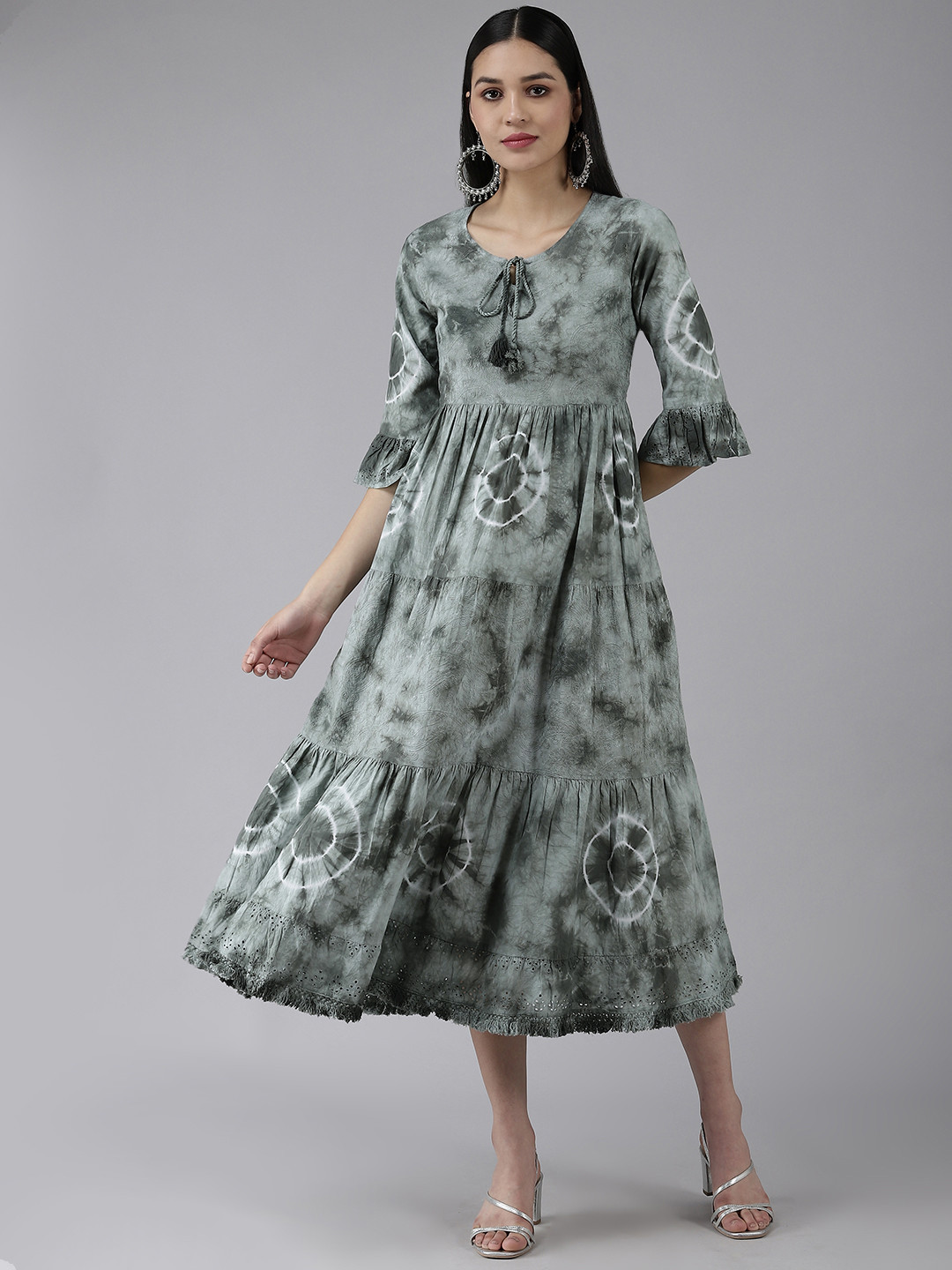 

Yufta Women Olive Green Tie and Dye Pure Cotton A-Line Tiered Midi Dress
