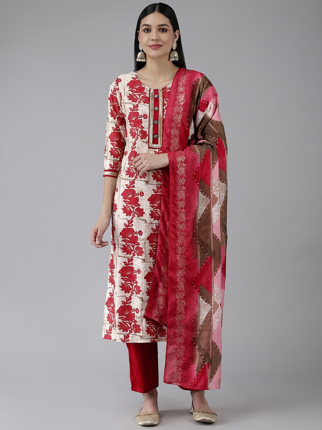 

Yufta Women Beige & Red Floral Printed Kurta with Trousers & Dupatta