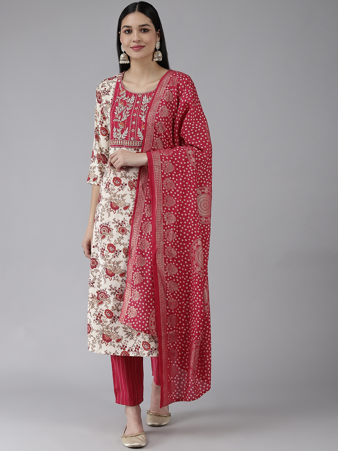 

Yufta Women Cream-Coloured & Red Floral Print Kurta with Trousers & With Dupatta