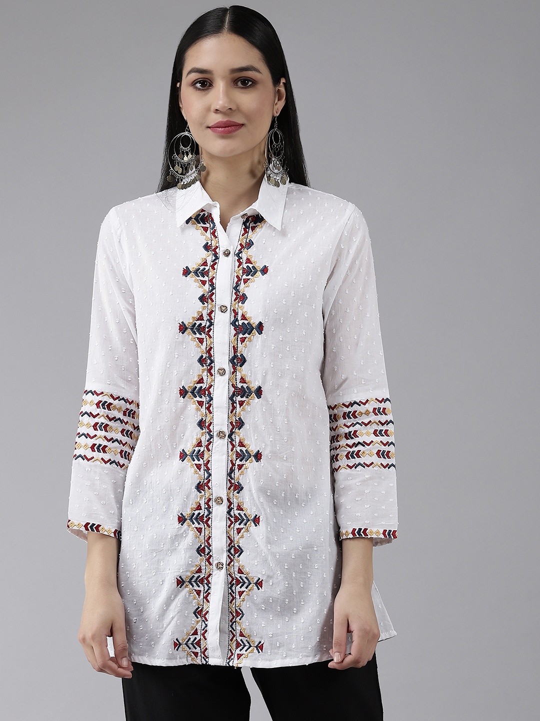 

Yufta Women White Self Design Embroidered Top