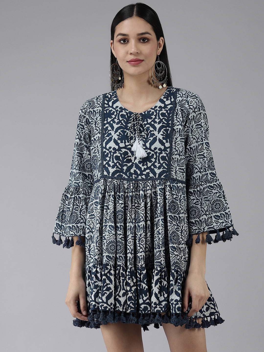 

Yufta Navy Blue & Off White Cotton Printed Tie-Up Neck A-Line Dress