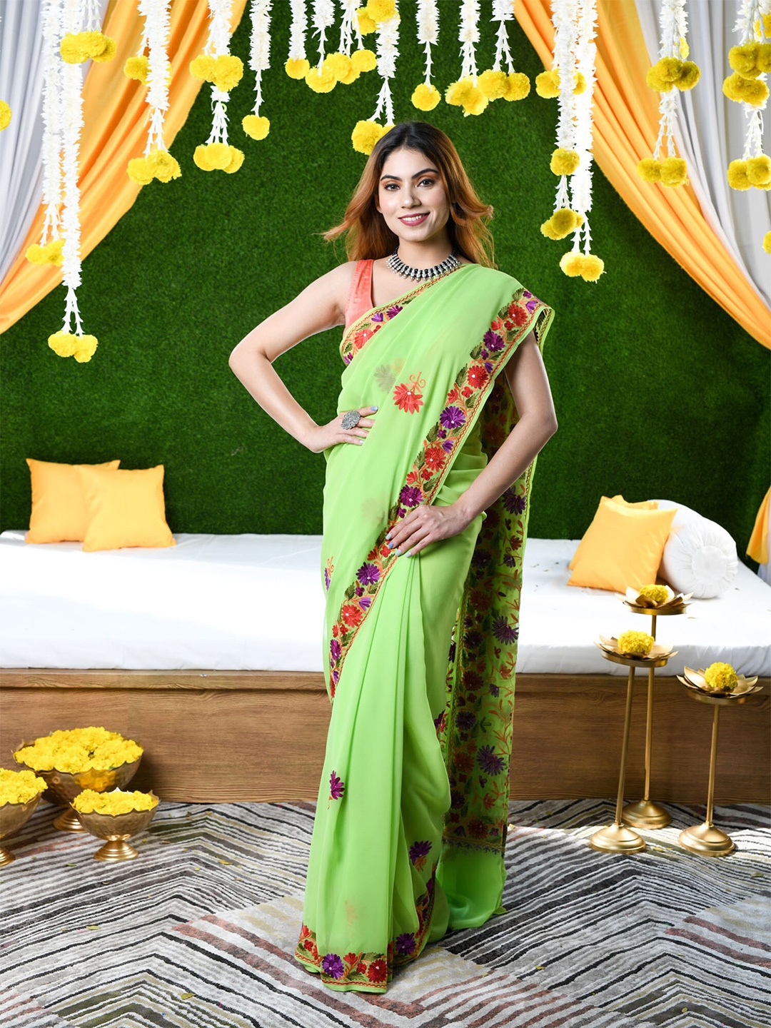 

BEATITUDE Green & Purple Floral Embroidered Pure Georgette Saree