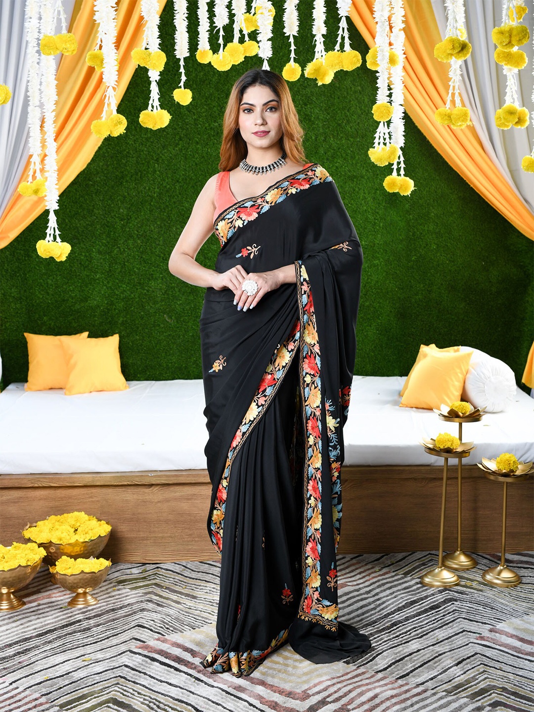 

BEATITUDE Black & Blue Floral Embroidered Pure Crepe Saree