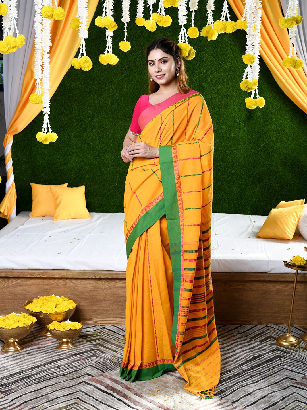 

BEATITUDE Yellow & Green Striped Pure Cotton Saree