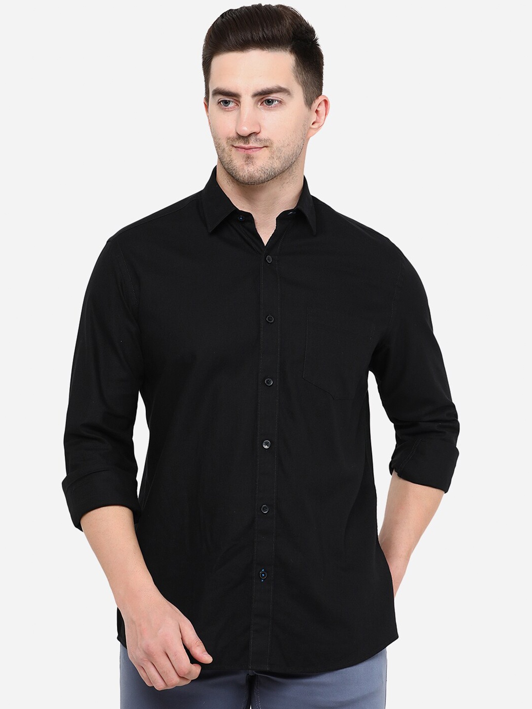 

Greenfibre Men Black Cotton Solid Slim Fit Casual Shirt