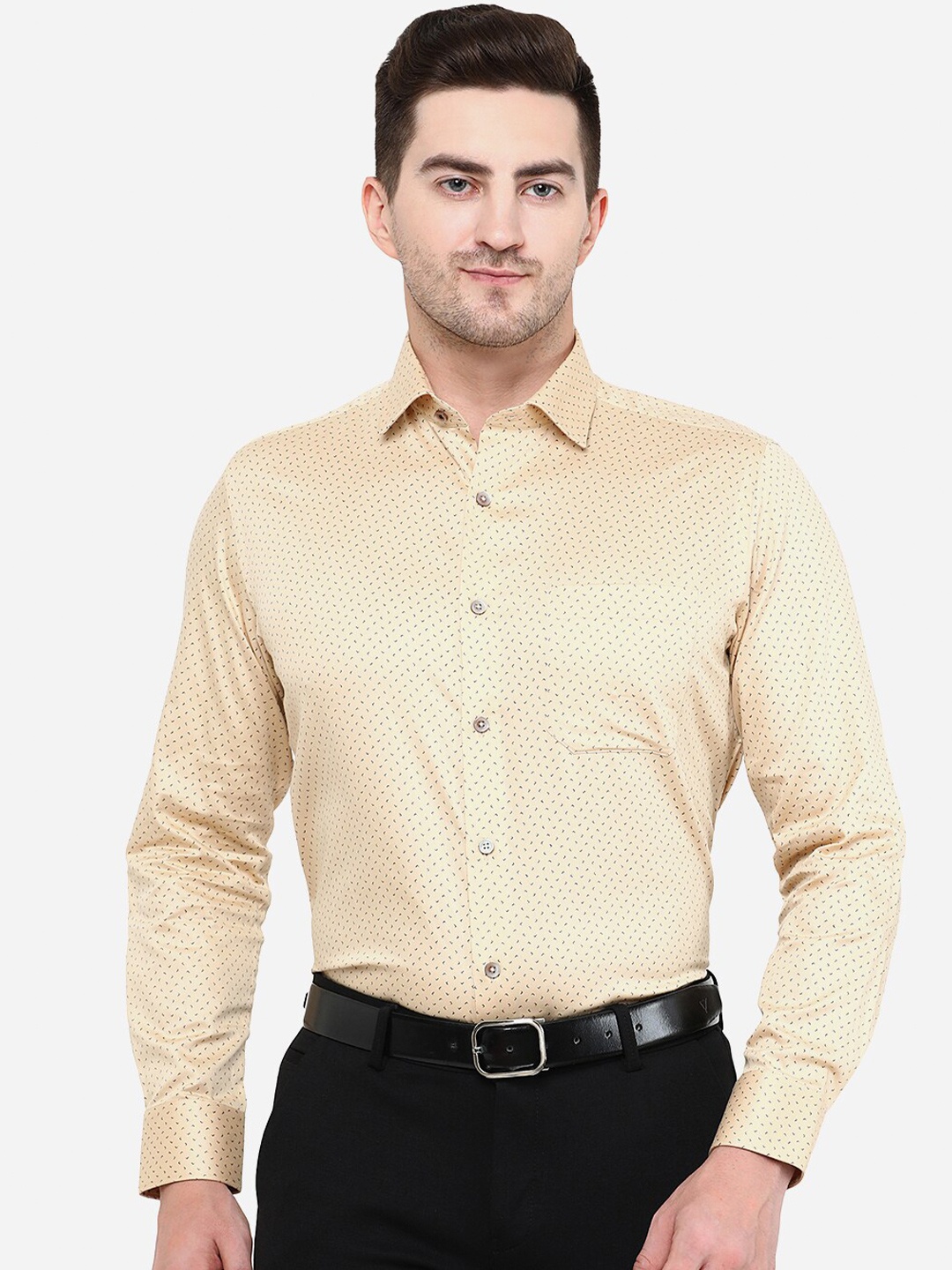 

Greenfibre Men Cotton Slim Fit Printed Formal Shirt, Beige