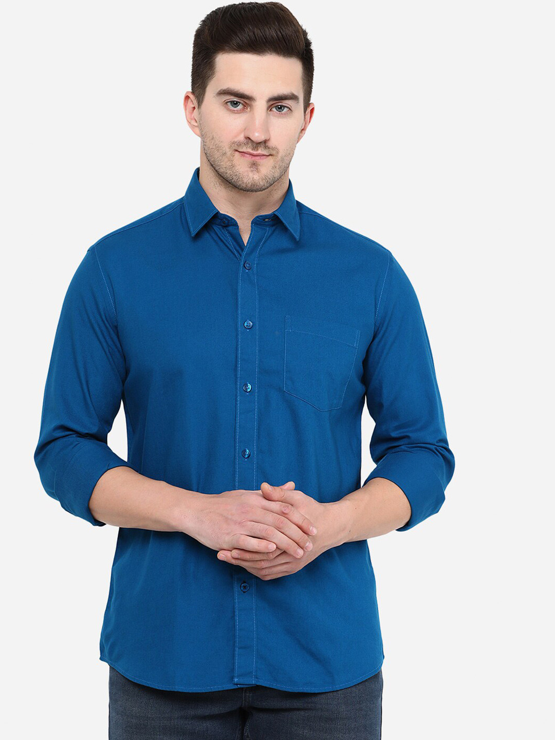 

Greenfibre Men Cotton Solid Slim Fit Casual Shirt, Blue