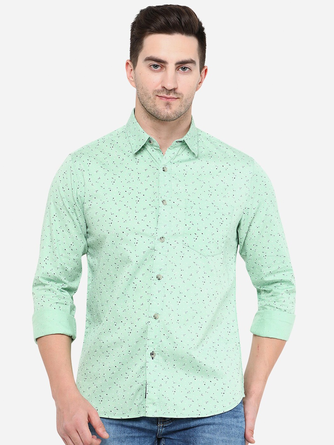 

Greenfibre Men Slim Fit Printed Casual Cotton Shirt, Green