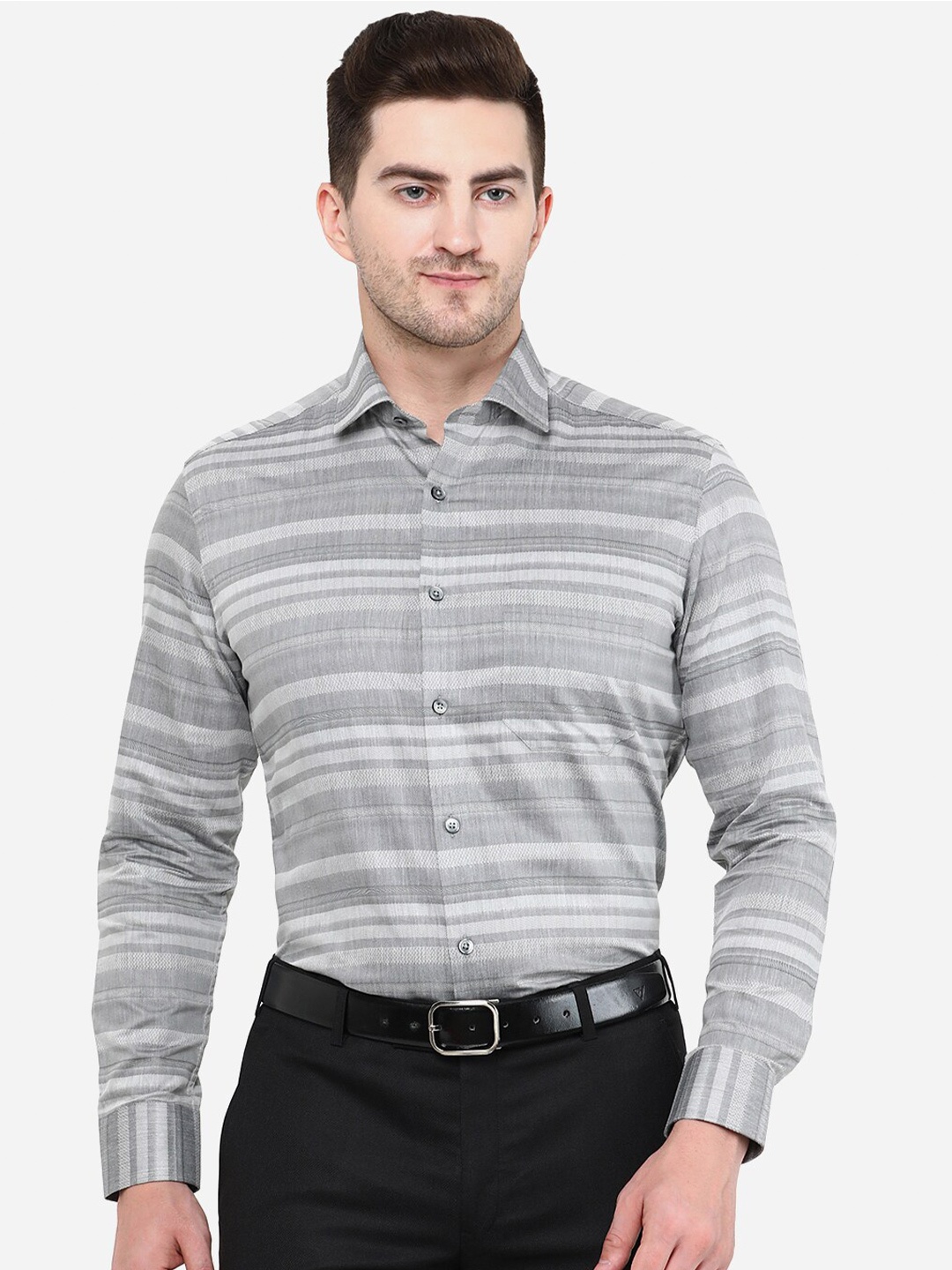 

Greenfibre Men Cotton Slim Fit Horizontal Stripes Striped Formal Shirt, Grey