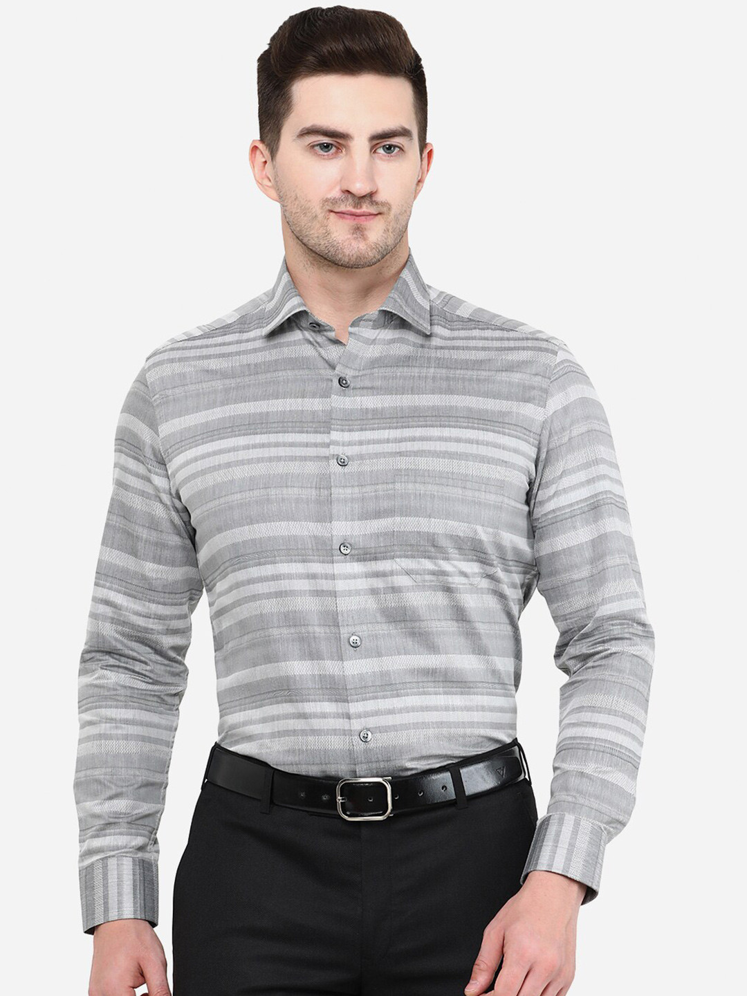 

Greenfibre Men Cotton Slim Fit Horizontal Stripes Striped Formal Shirt, Grey