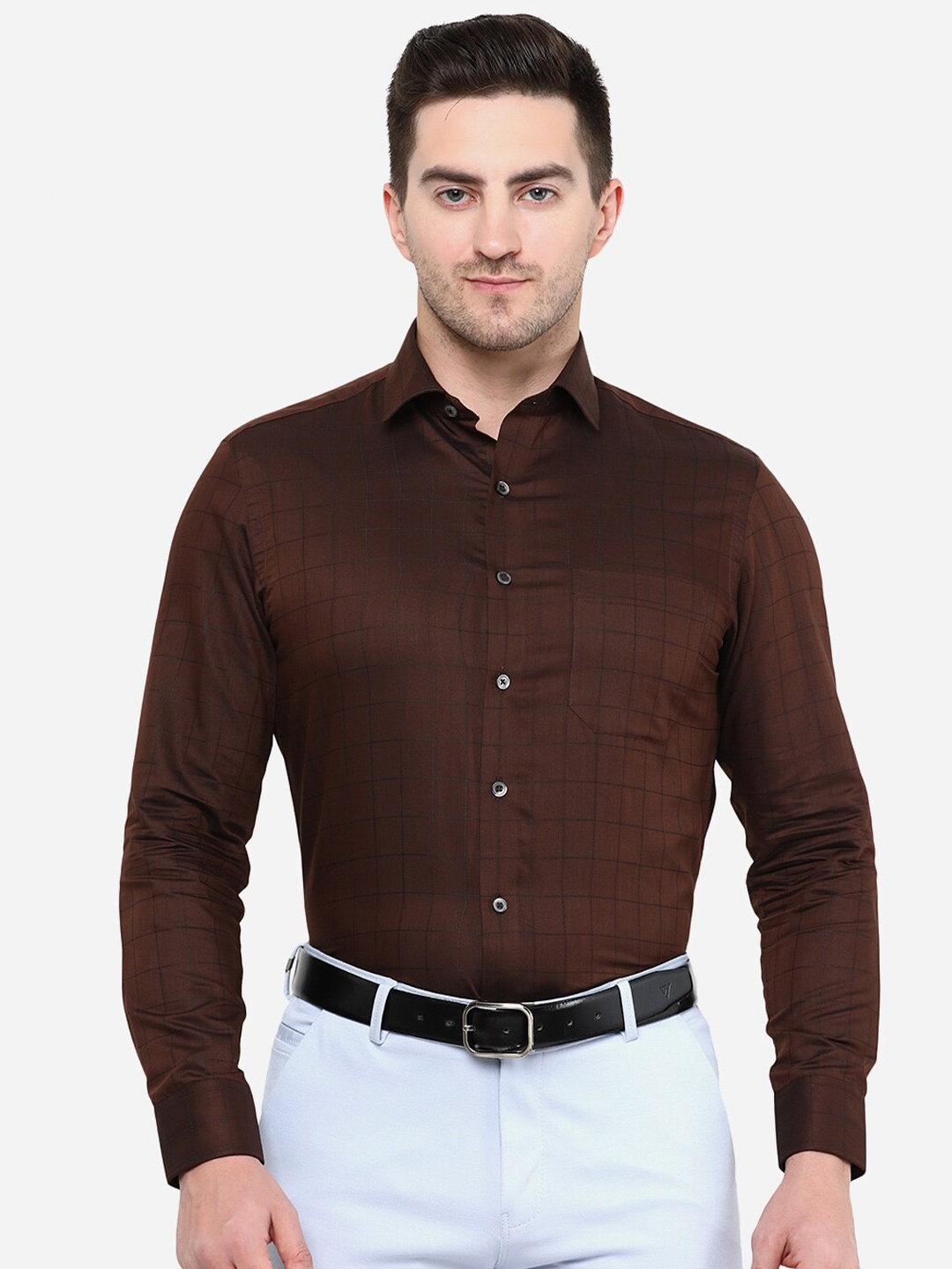 

Greenfibre Men Cotton Slim Fit Checked Casual Shirt, Brown