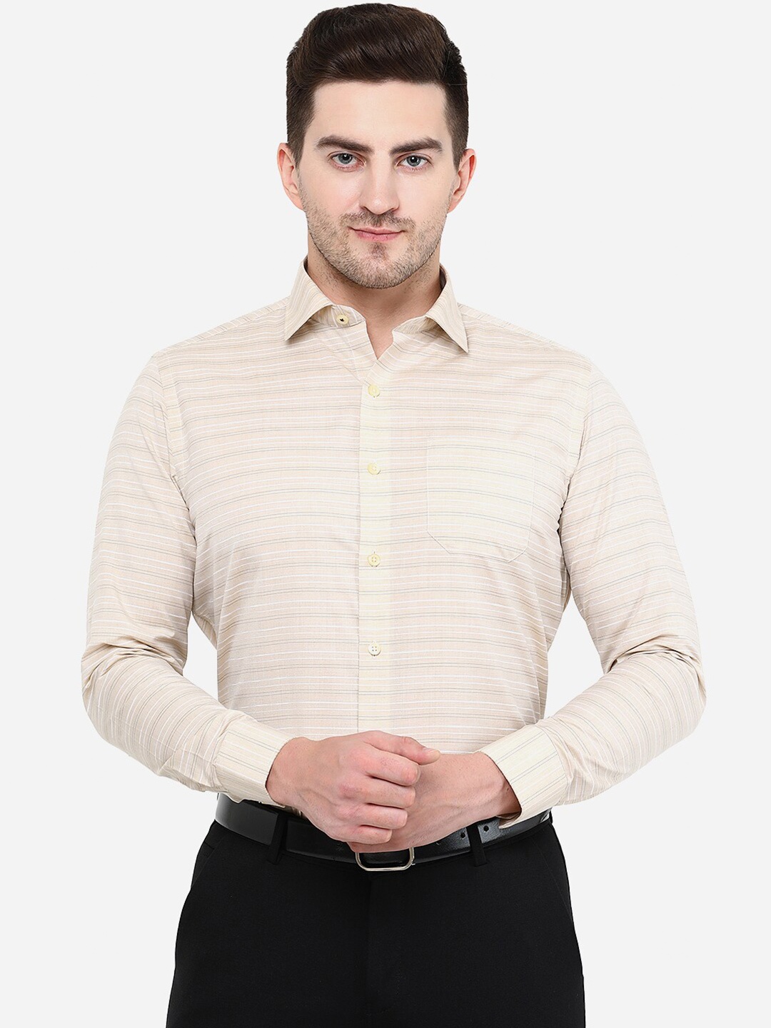 

Greenfibre Men Slim Fit Horizontal Stripes Cotton Formal Shirt, Beige