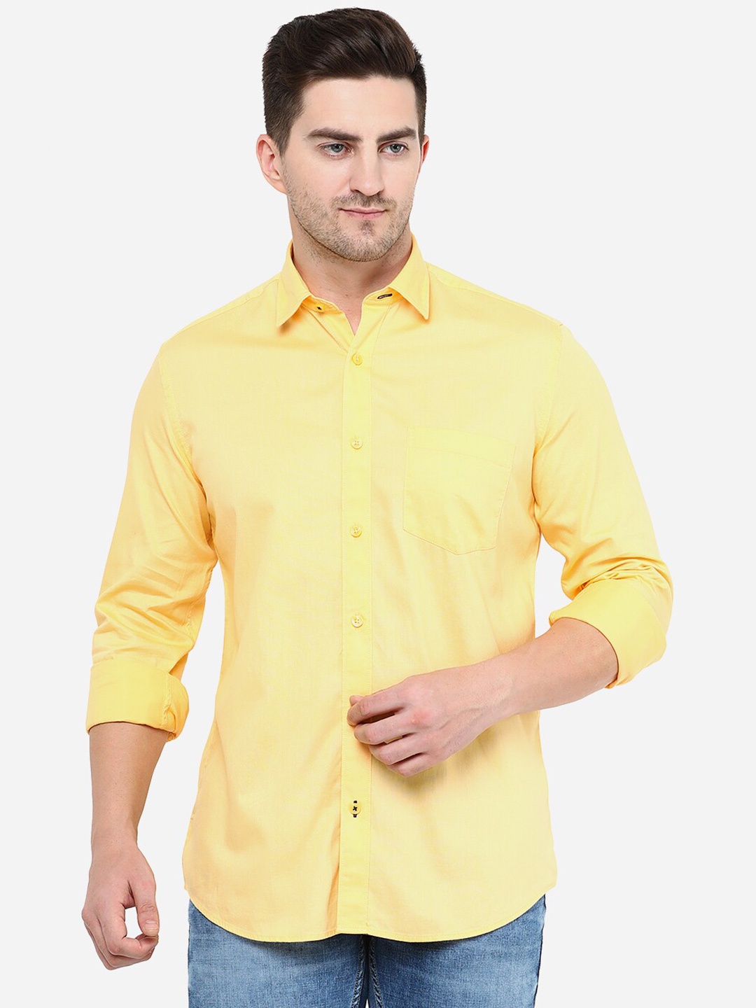 

Greenfibre Men Yellow Cotton Slim Fit Casual Shirt