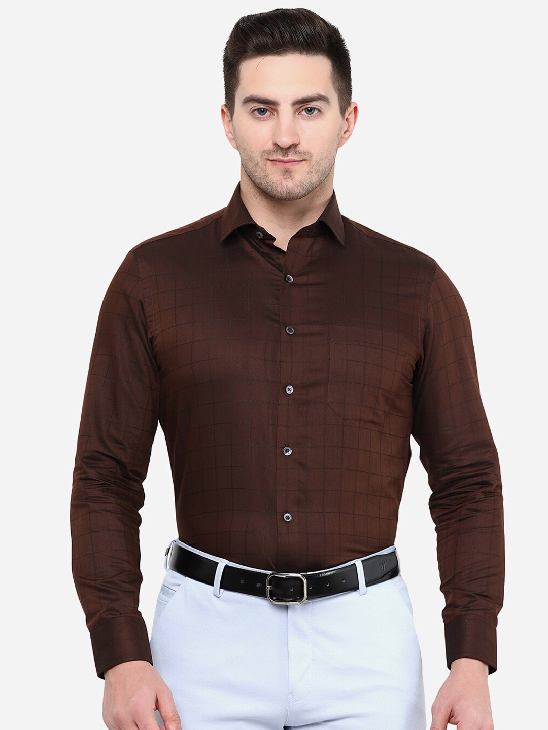 

Greenfibre Men Cotton Slim Fit Checked Casual Shirt, Brown
