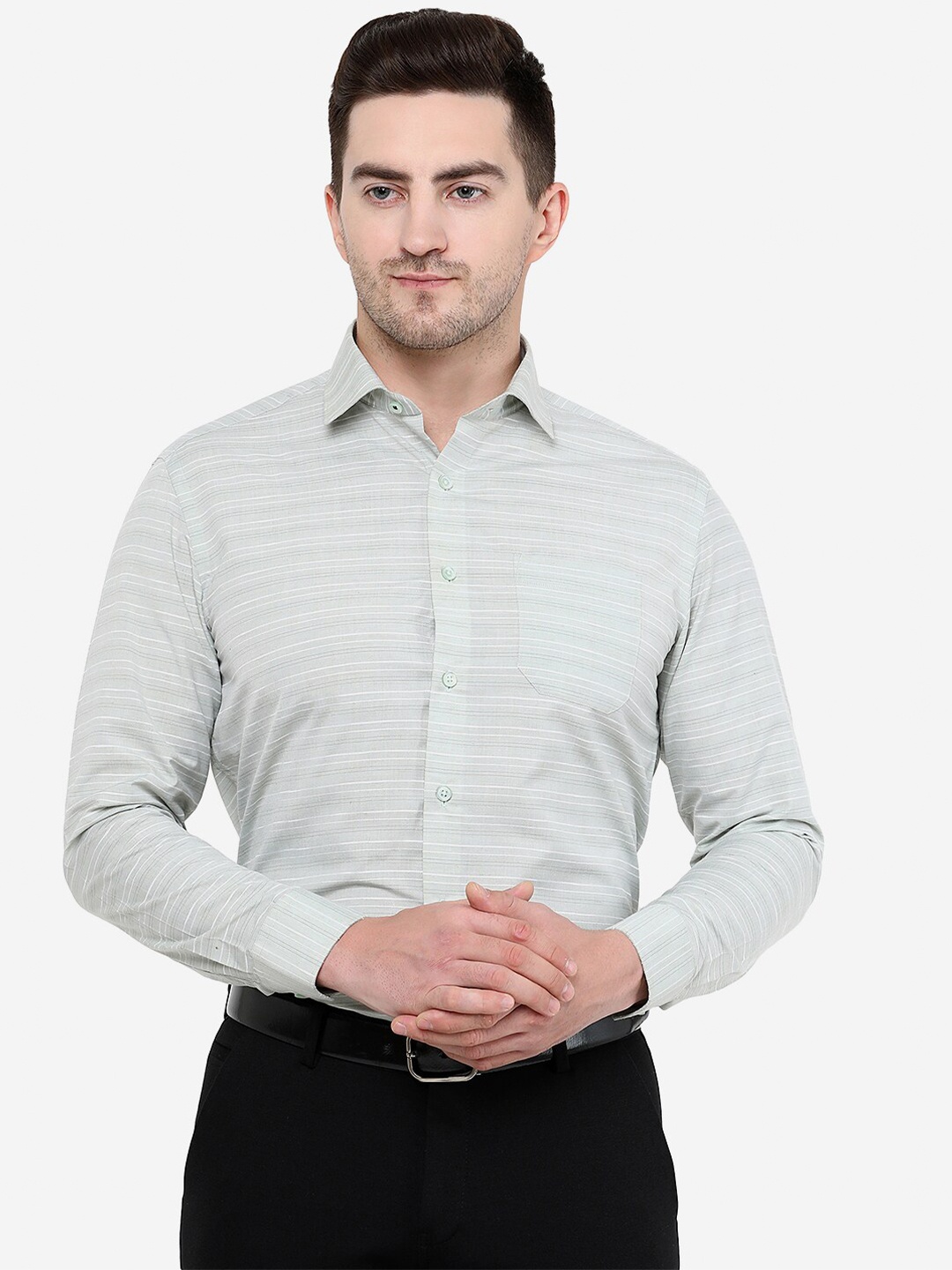 

Greenfibre Men Green Slim Fit Horizontal Stripes Cotton Casual Shirt