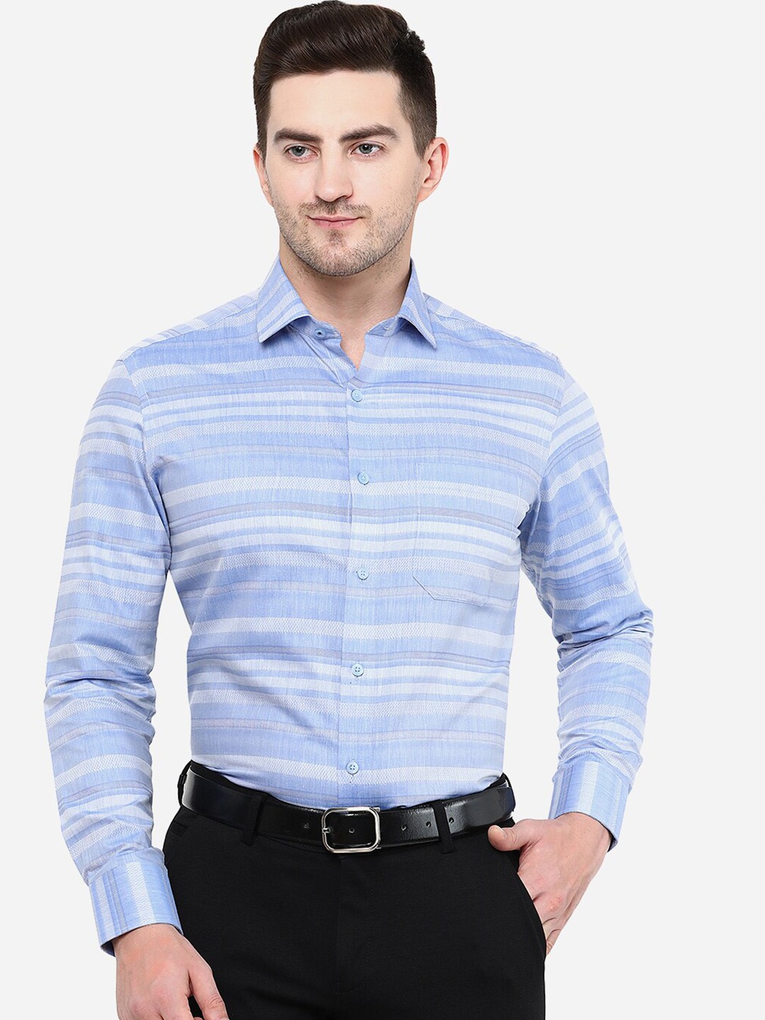 

Greenfibre Men Slim Fit Horizontal Stripes Cotton Formal Shirt, Blue