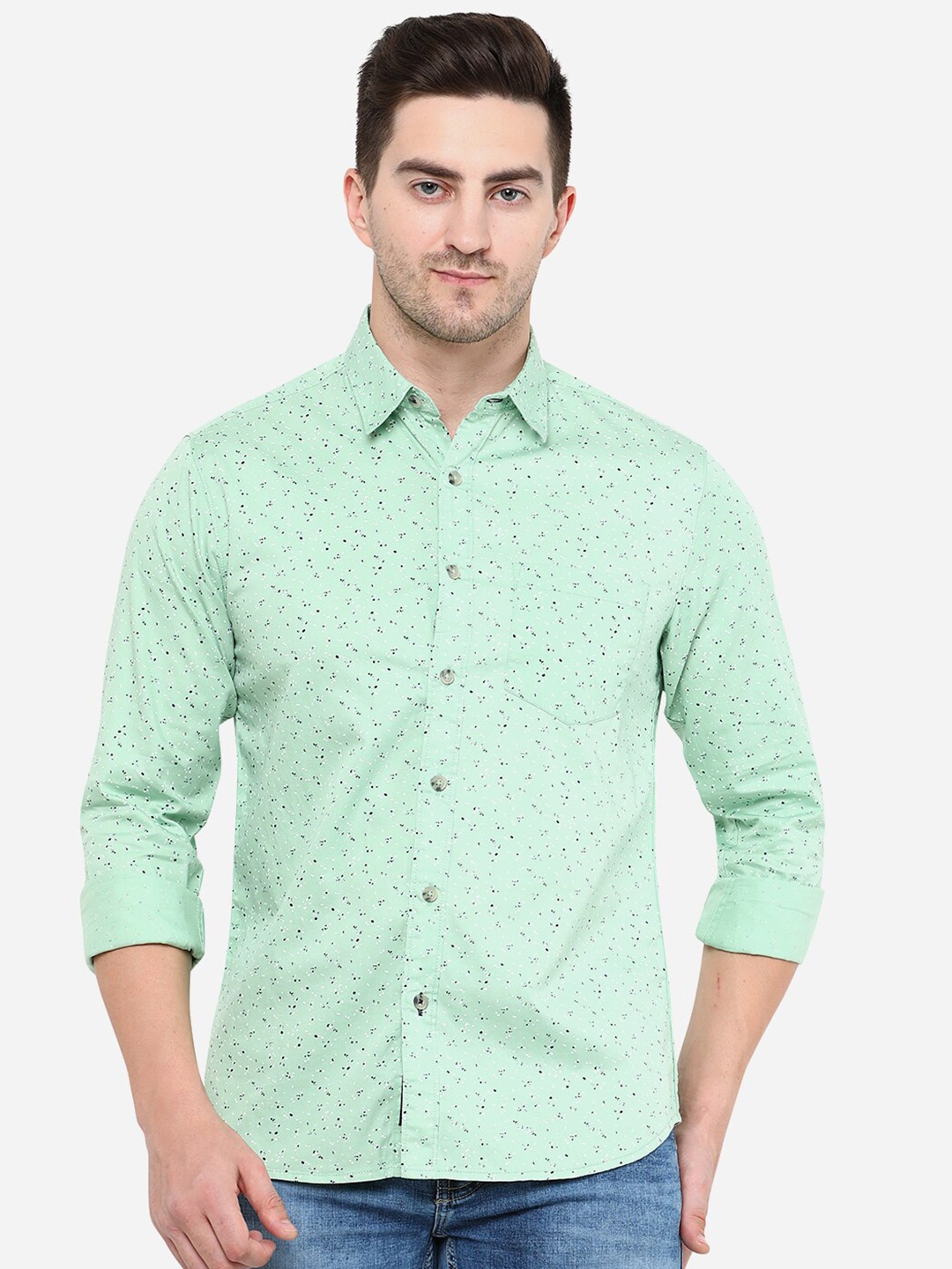 

Greenfibre Men Slim Fit Printed Casual Cotton Shirt, Green