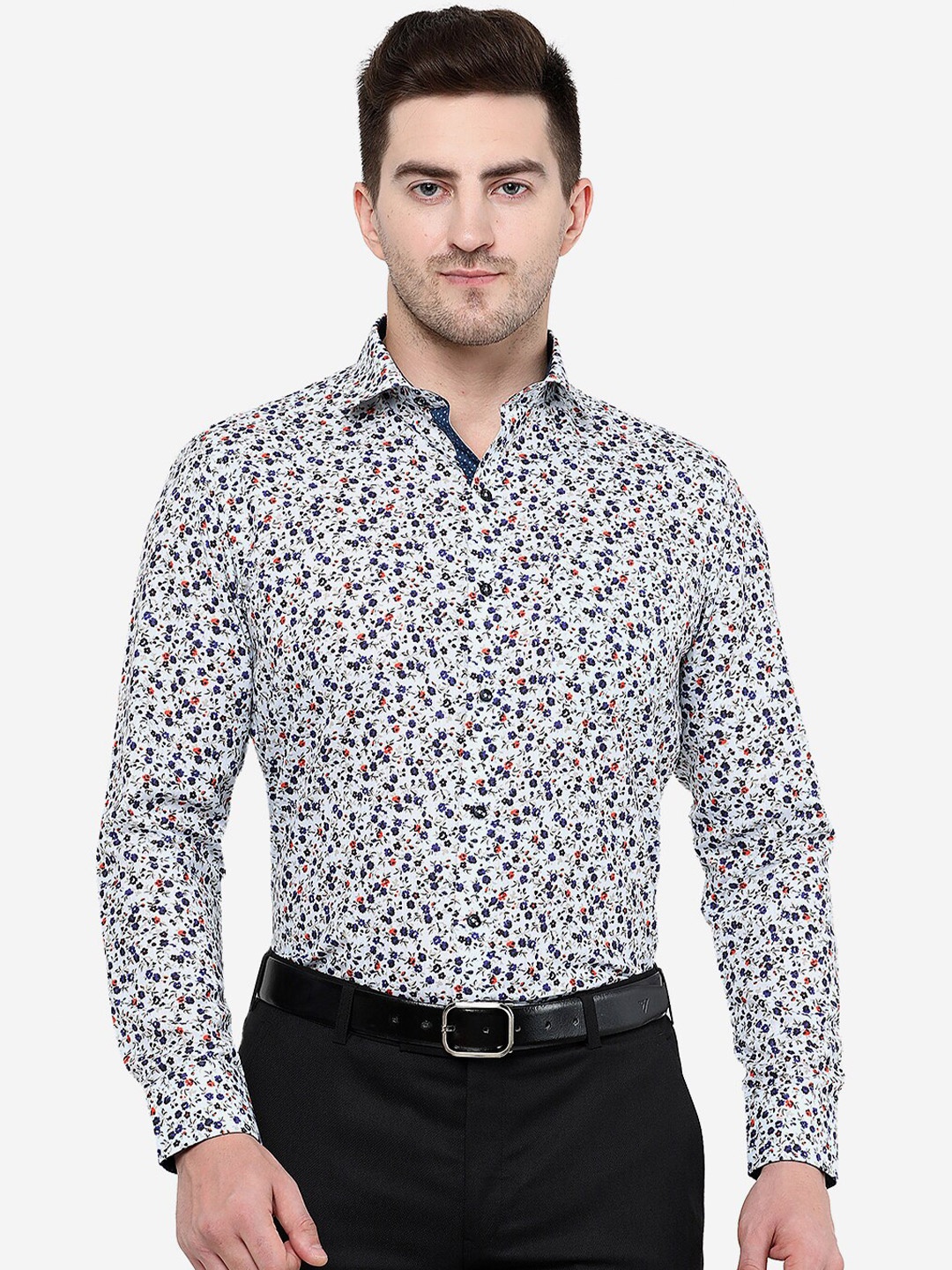 

Greenfibre Men White Slim Fit Floral Printed Formal Cotton Shirt